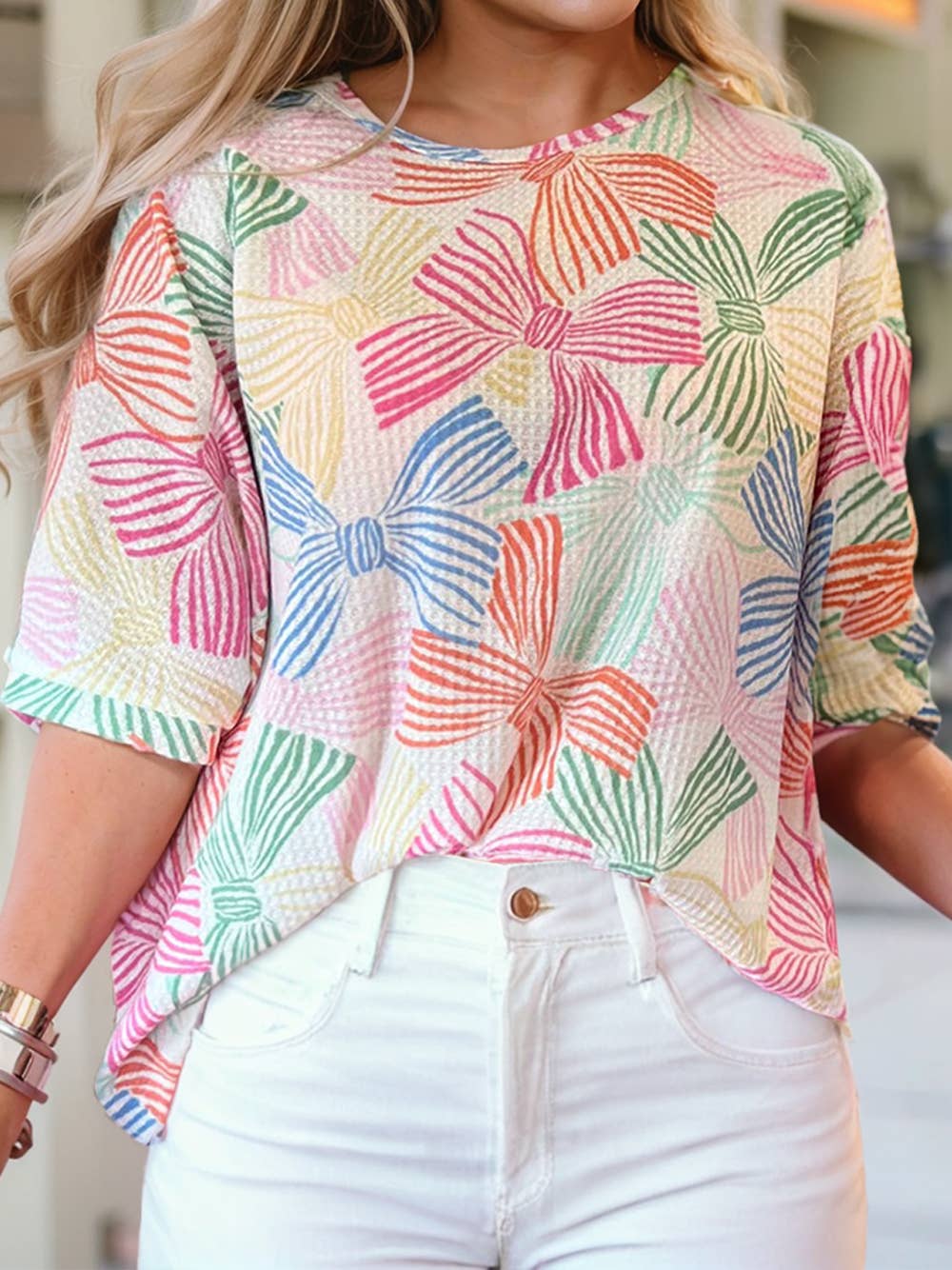 Bowknot Printed Waffle Crewneck Loose Short Sleeve Top