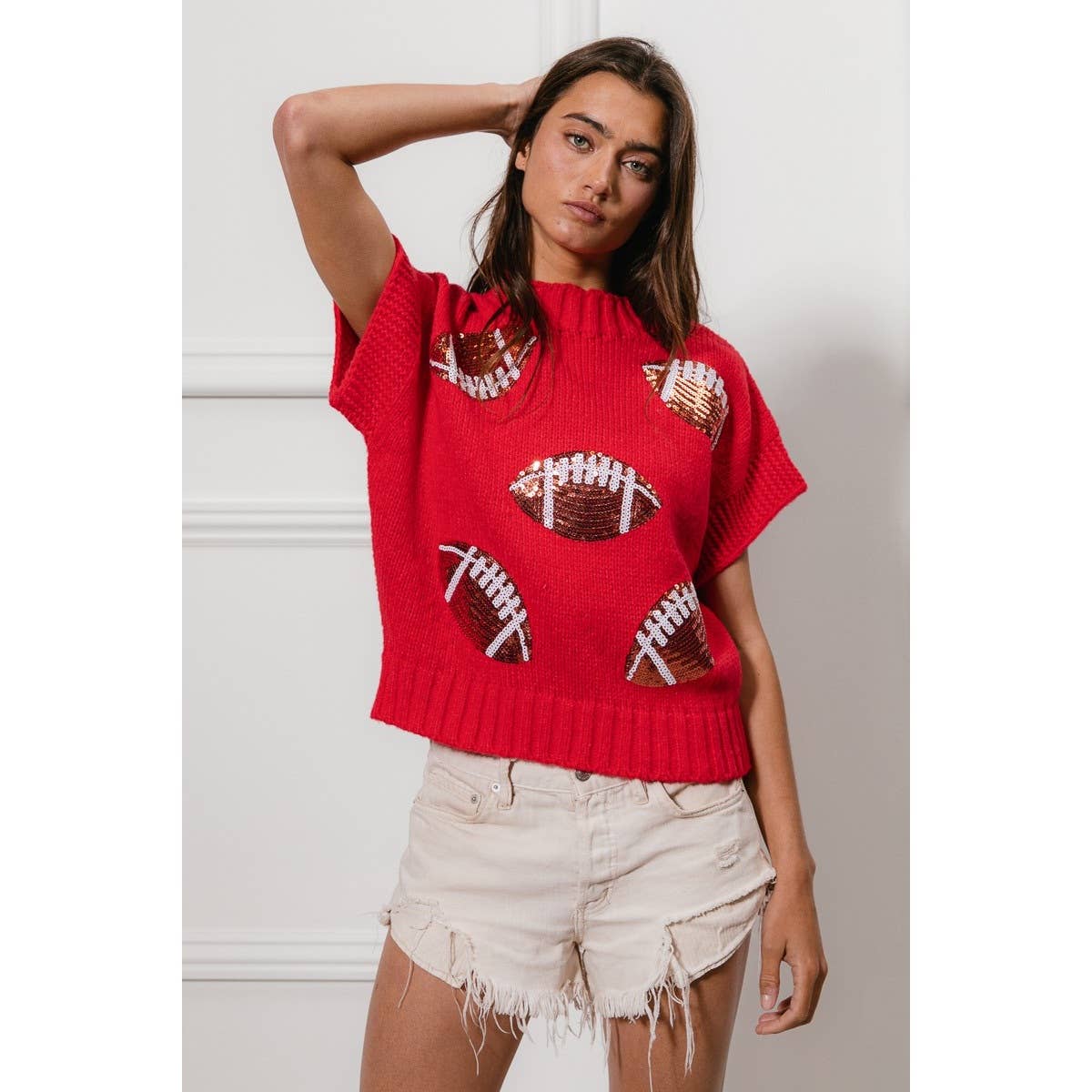 SEQUIN FOOTBALL PATCHES RIB BANDED SWEATER