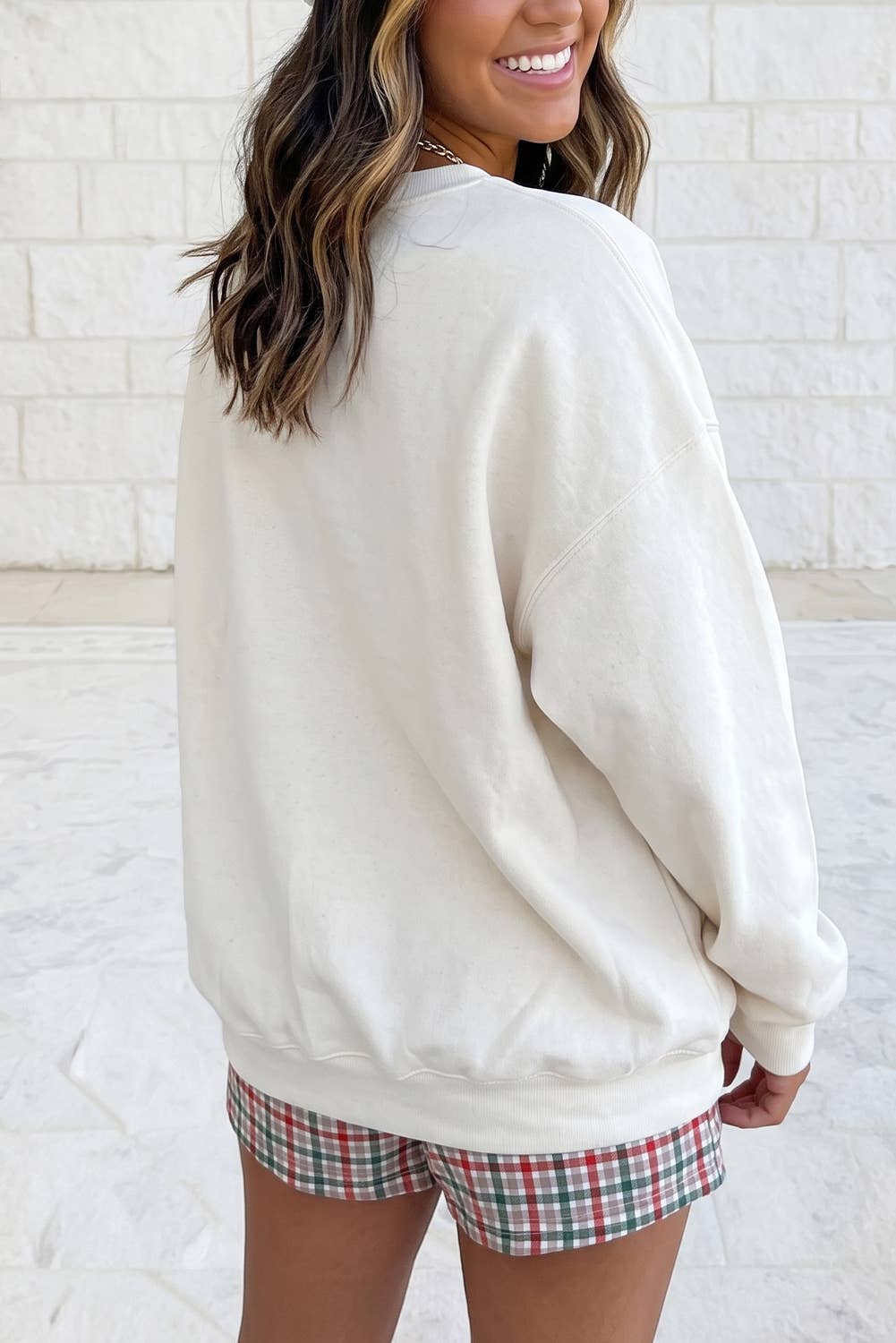 Merry Plaid Letter Sweatshirt & Plaid Shorts Pant Set