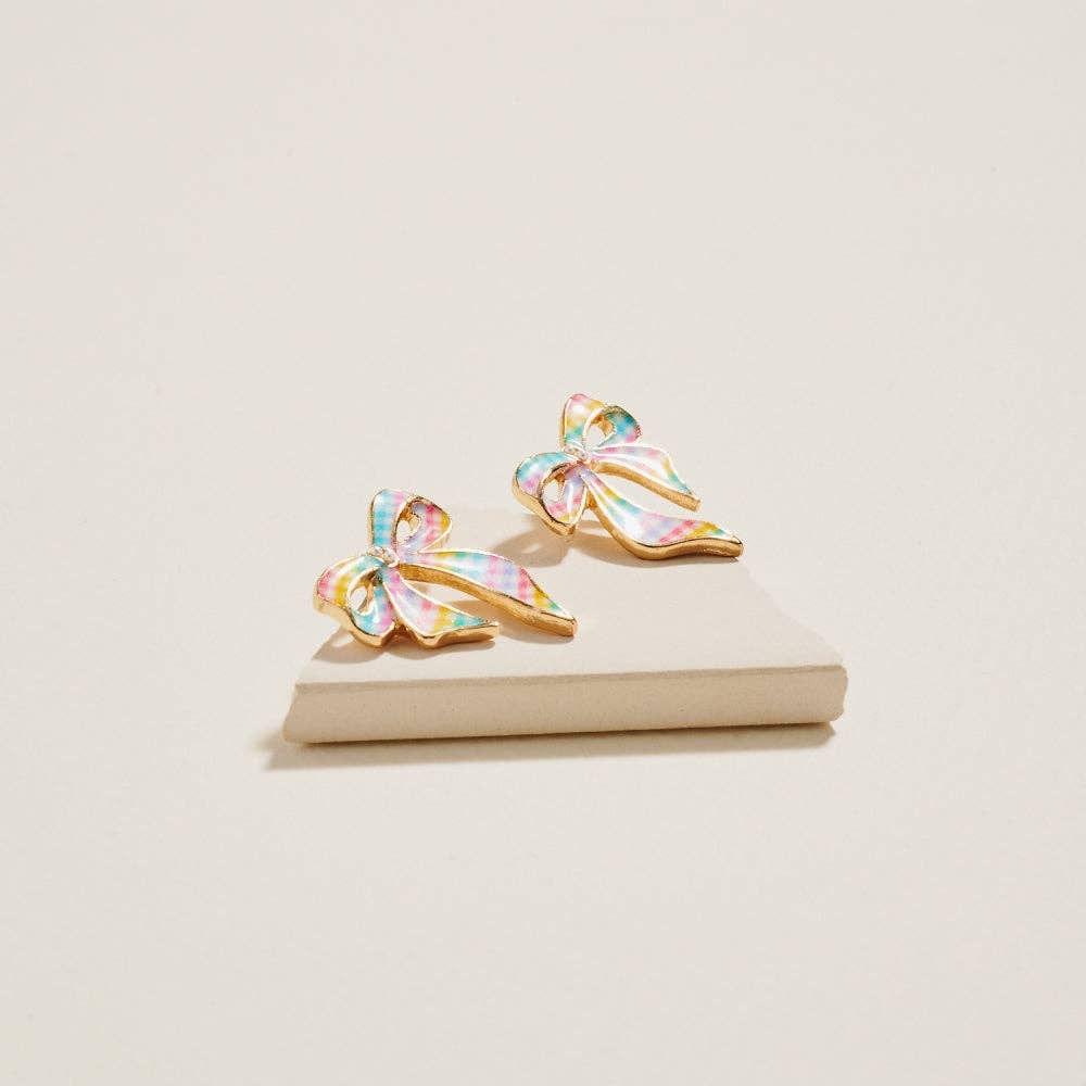 Easter Checkered Enamel Bow Ribbon Post Earrings