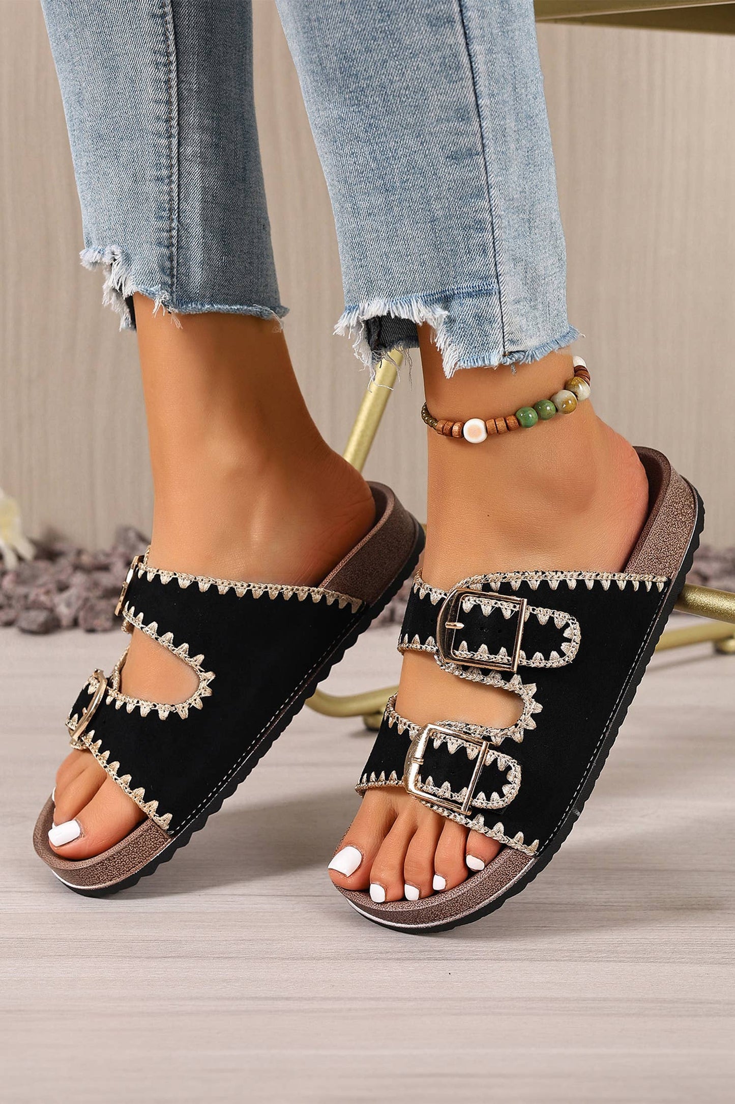 Embroidered Trim Retro Buckle Faux Suede Slippers