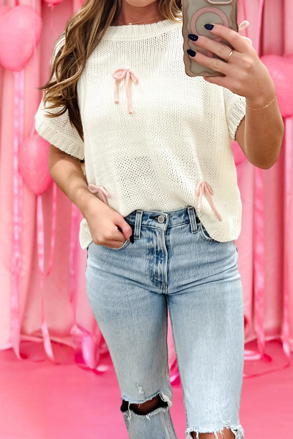 Preorder-Short Sleeve Knit Contrast Bow Knot Loose Sweater (S-XL)