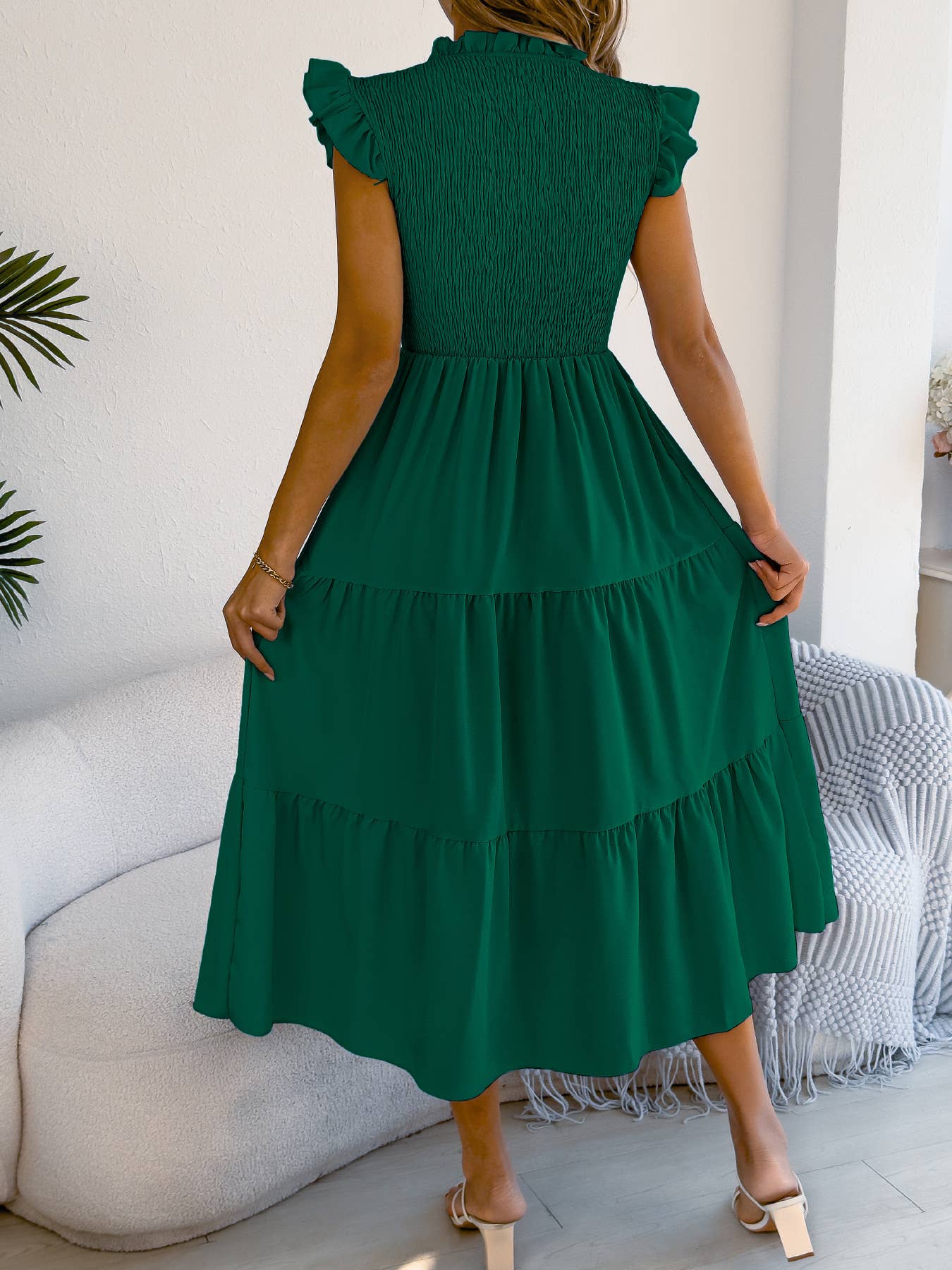 Smocked Ruffle Sleeve Tiered Midi Dress