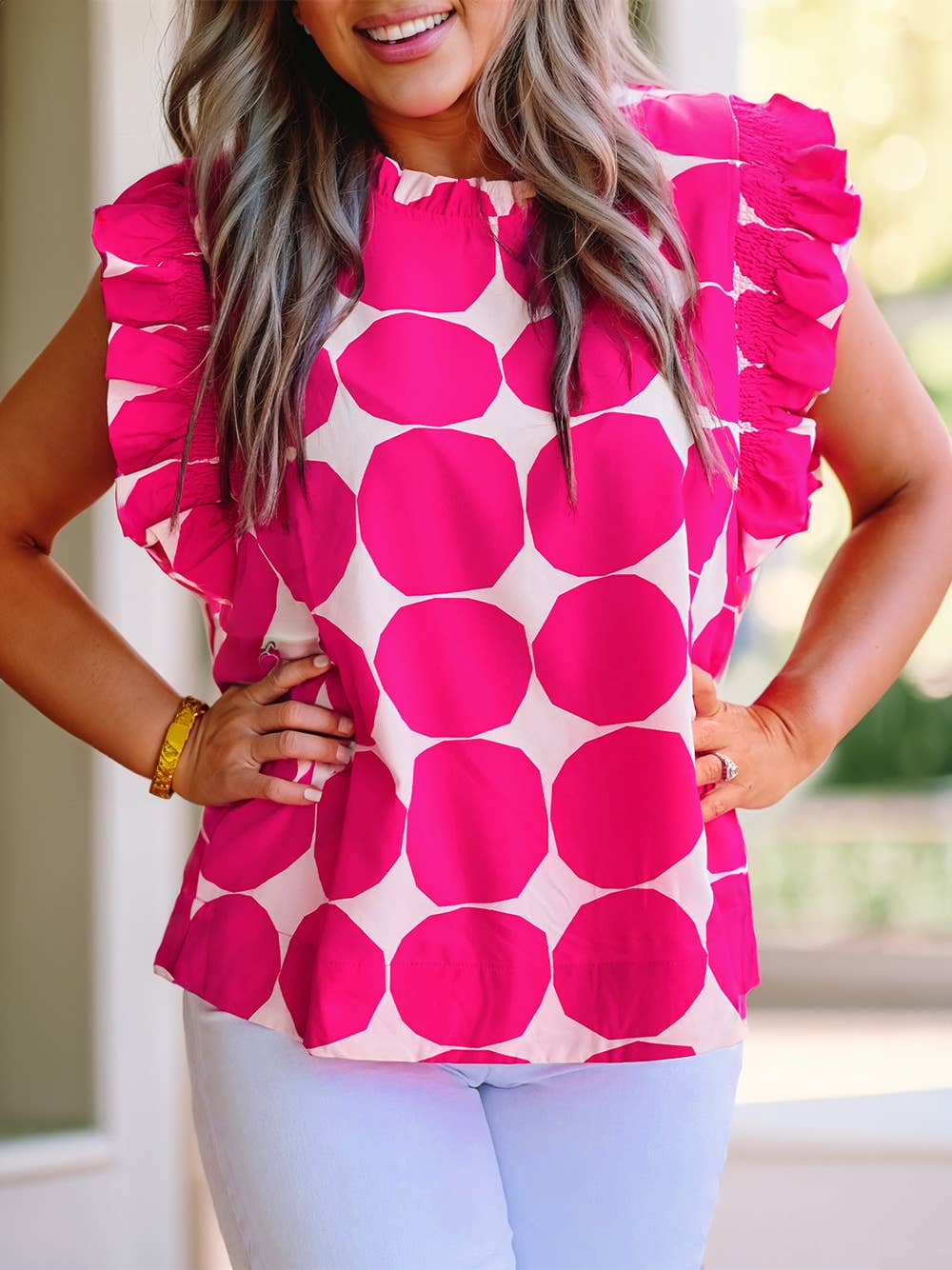 Bubblegum Pattern Frilled Collar Flutter Sleeve Top