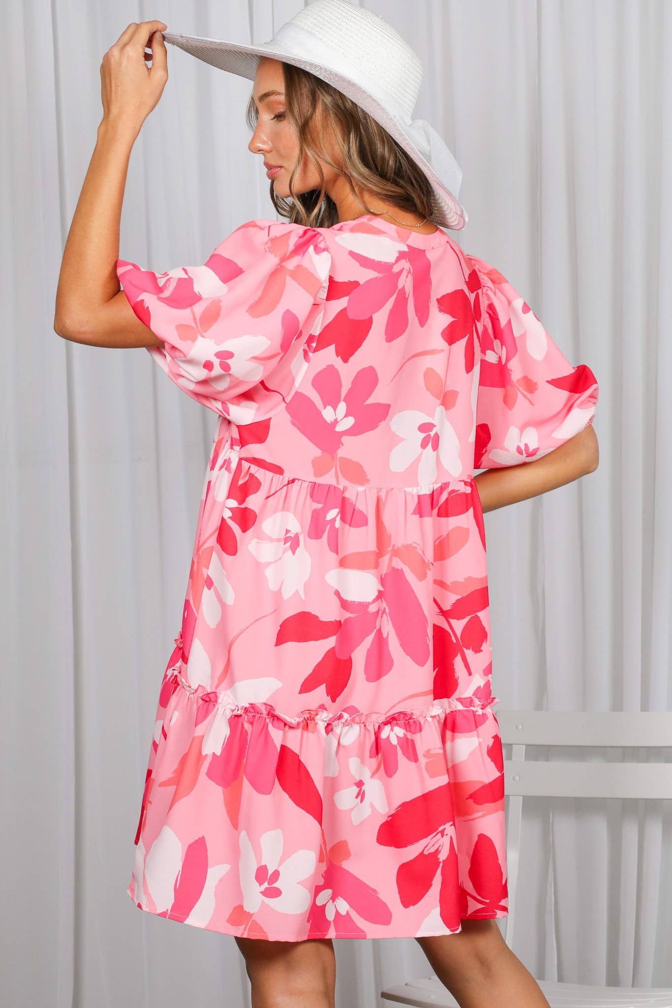 Floral Print V-Neck Tired Baby Doll Mini Dress VD82057M