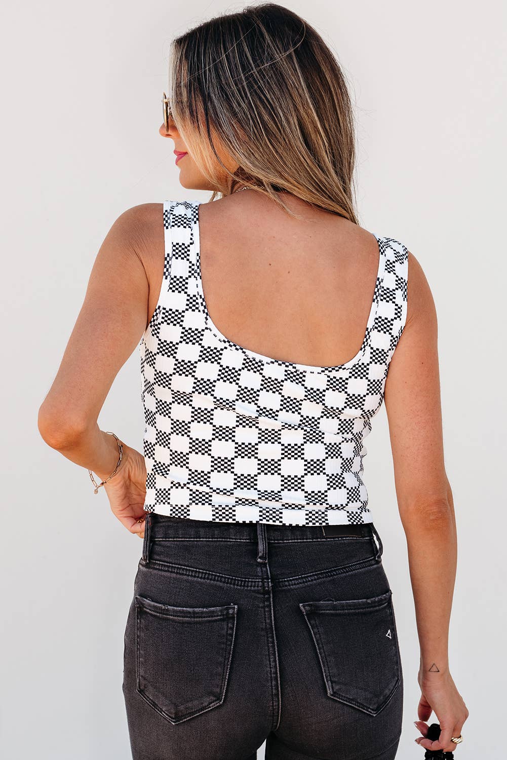 Checkered Print U Neck Cropped Tank Top