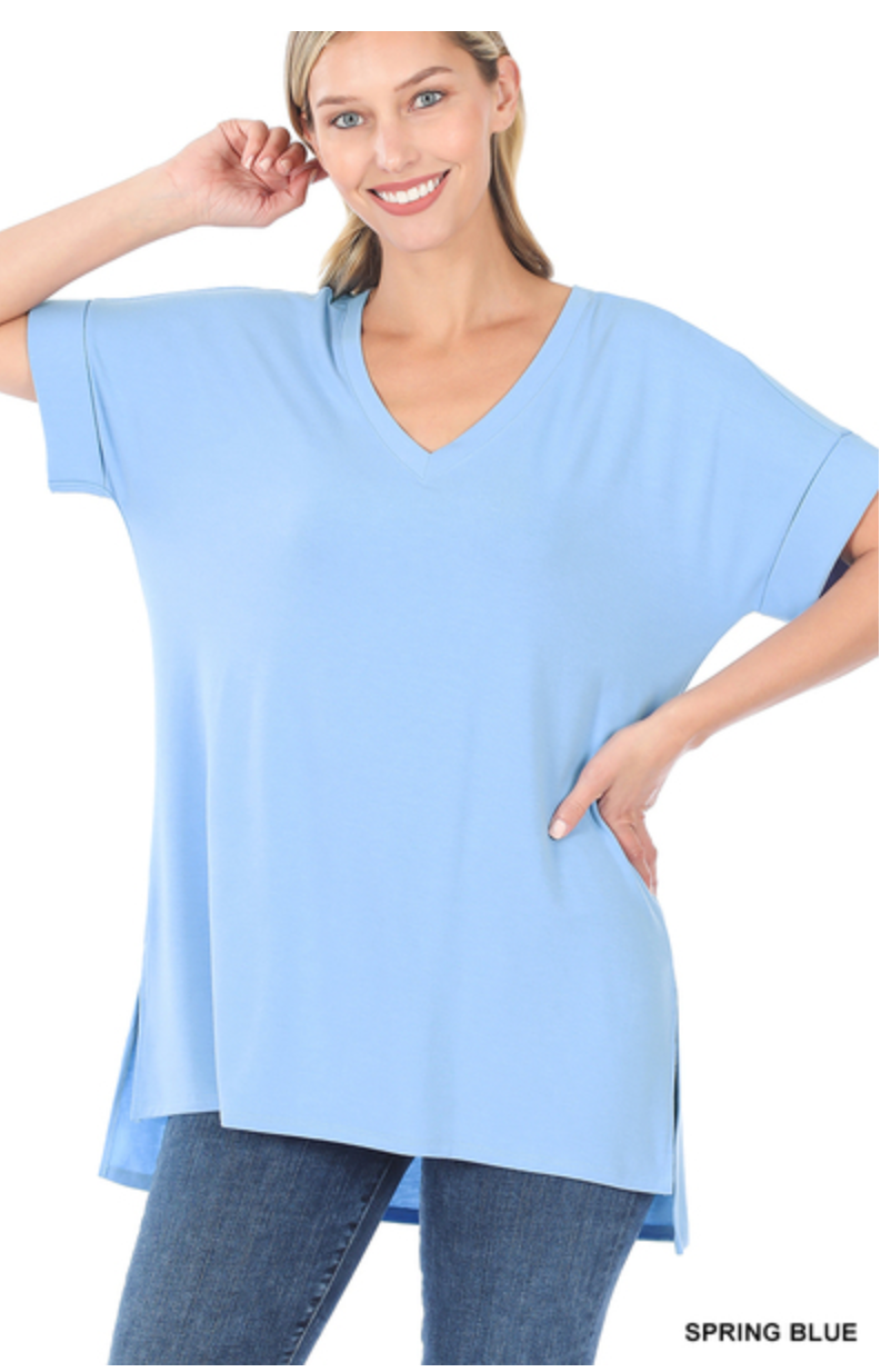 ROLLED SHORT SLEEVE SIDE SLIT HI-LOW HEM TOP