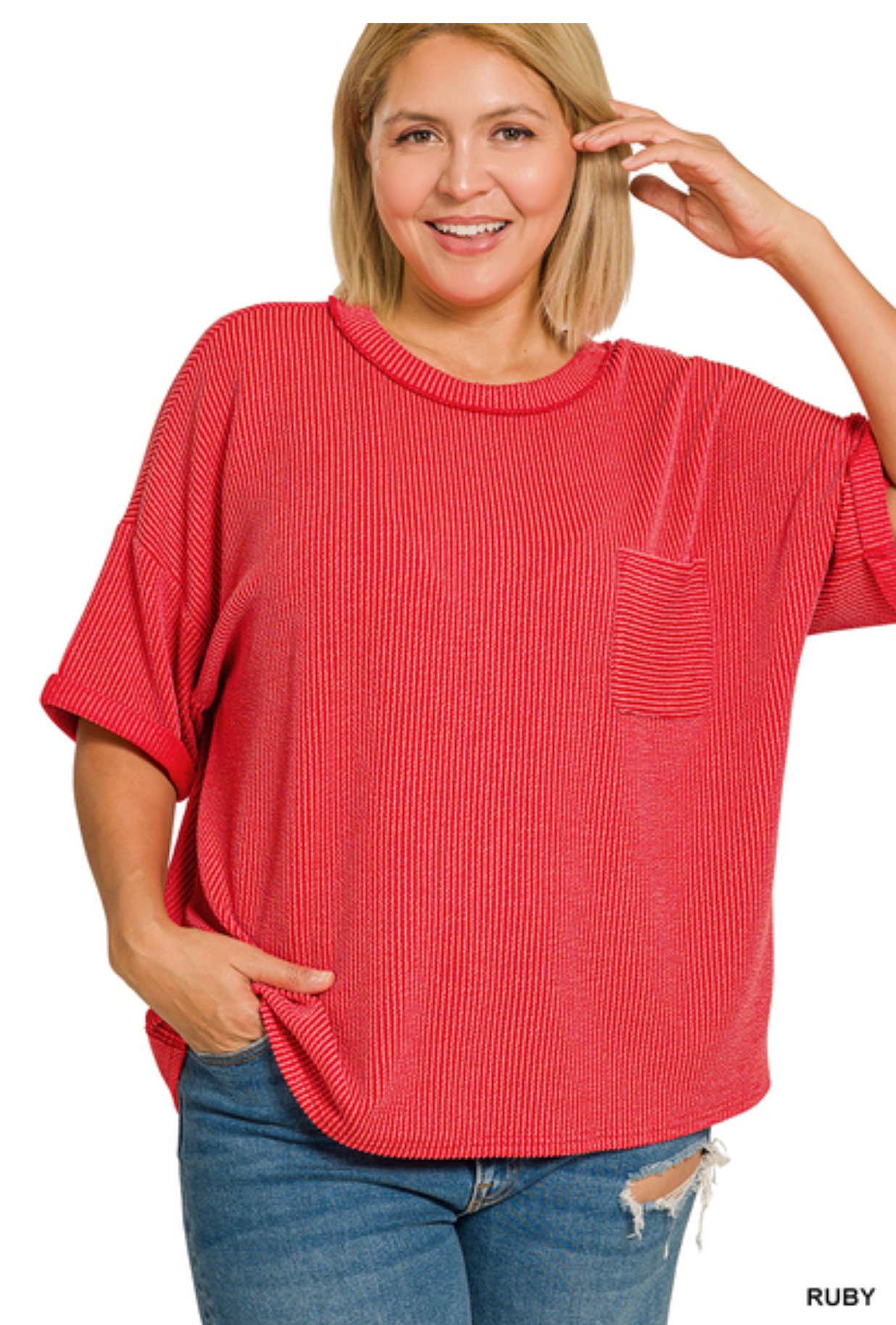 Plus Size Ribbed Pocket Tee Zenana