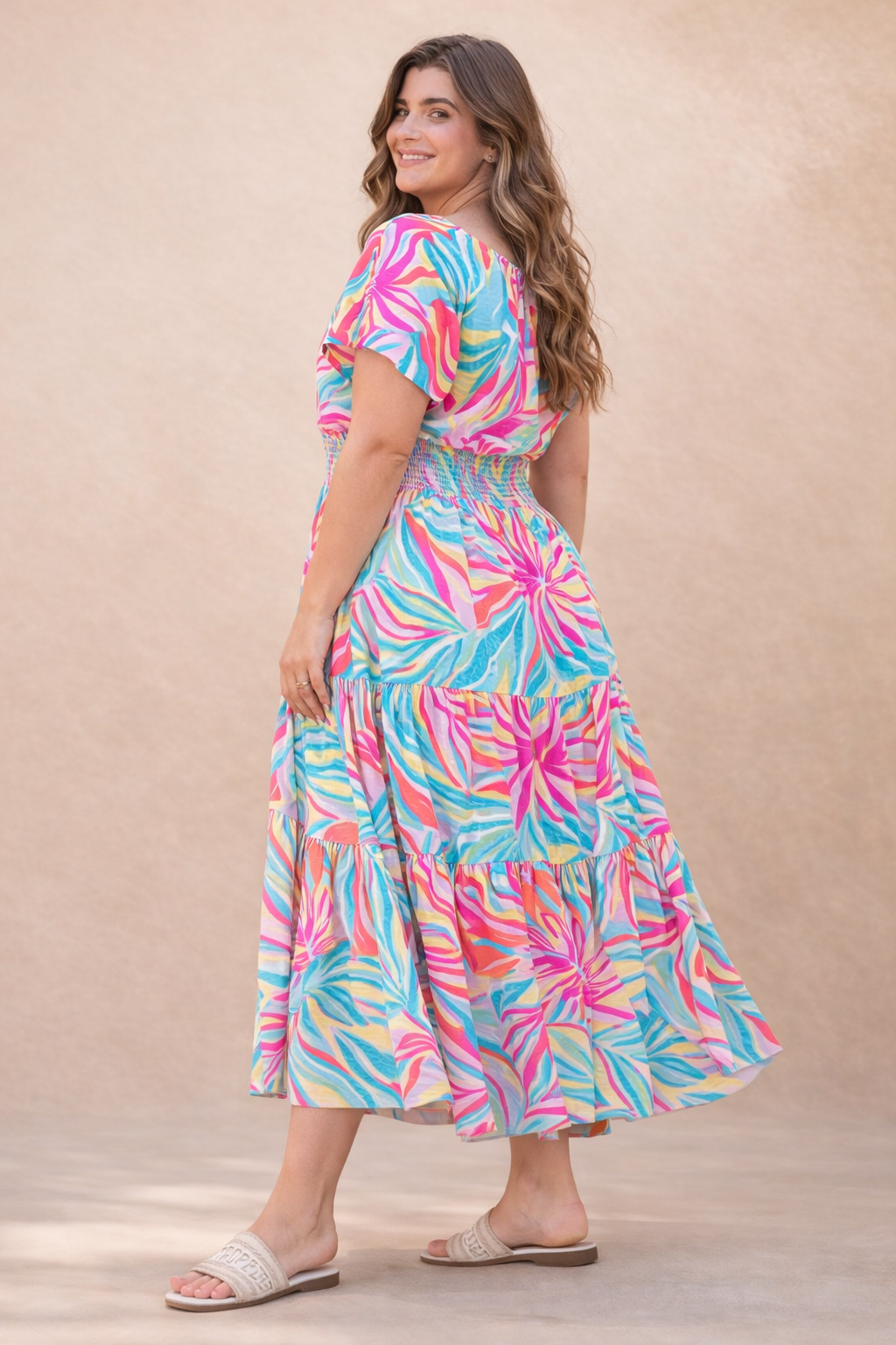 Plus Size Tropical Print Smocked Waist Tiered Maxi Dress