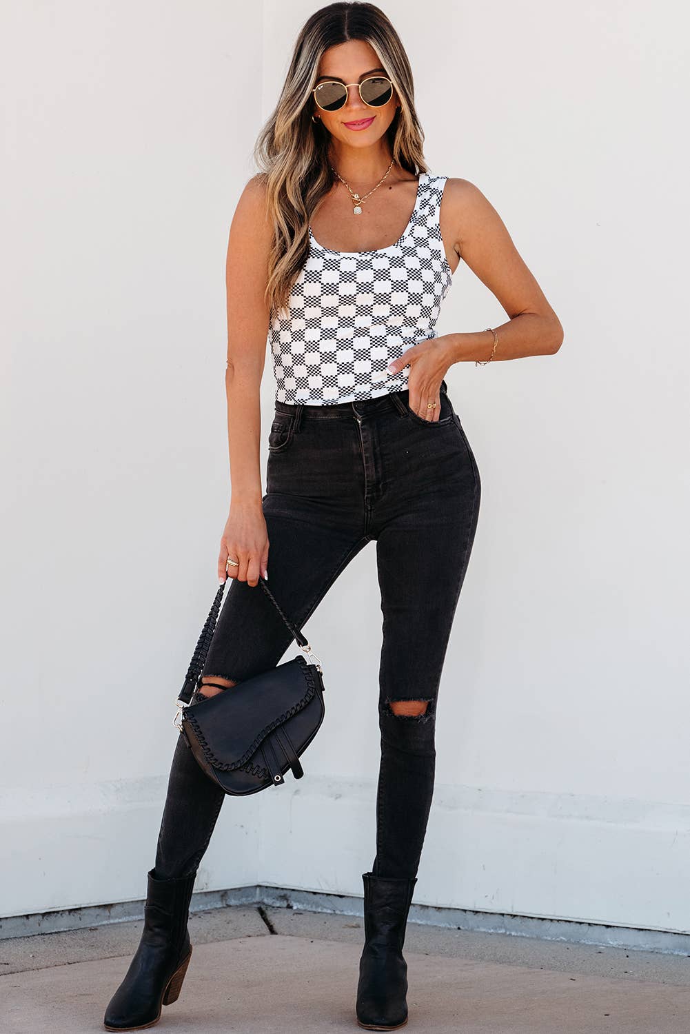 Checkered Print U Neck Cropped Tank Top