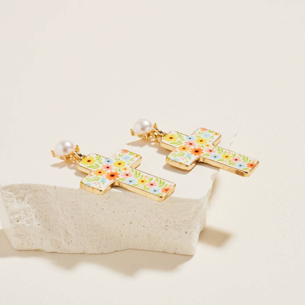 Easter Floral Pattern Cross Pearl Post Earrings