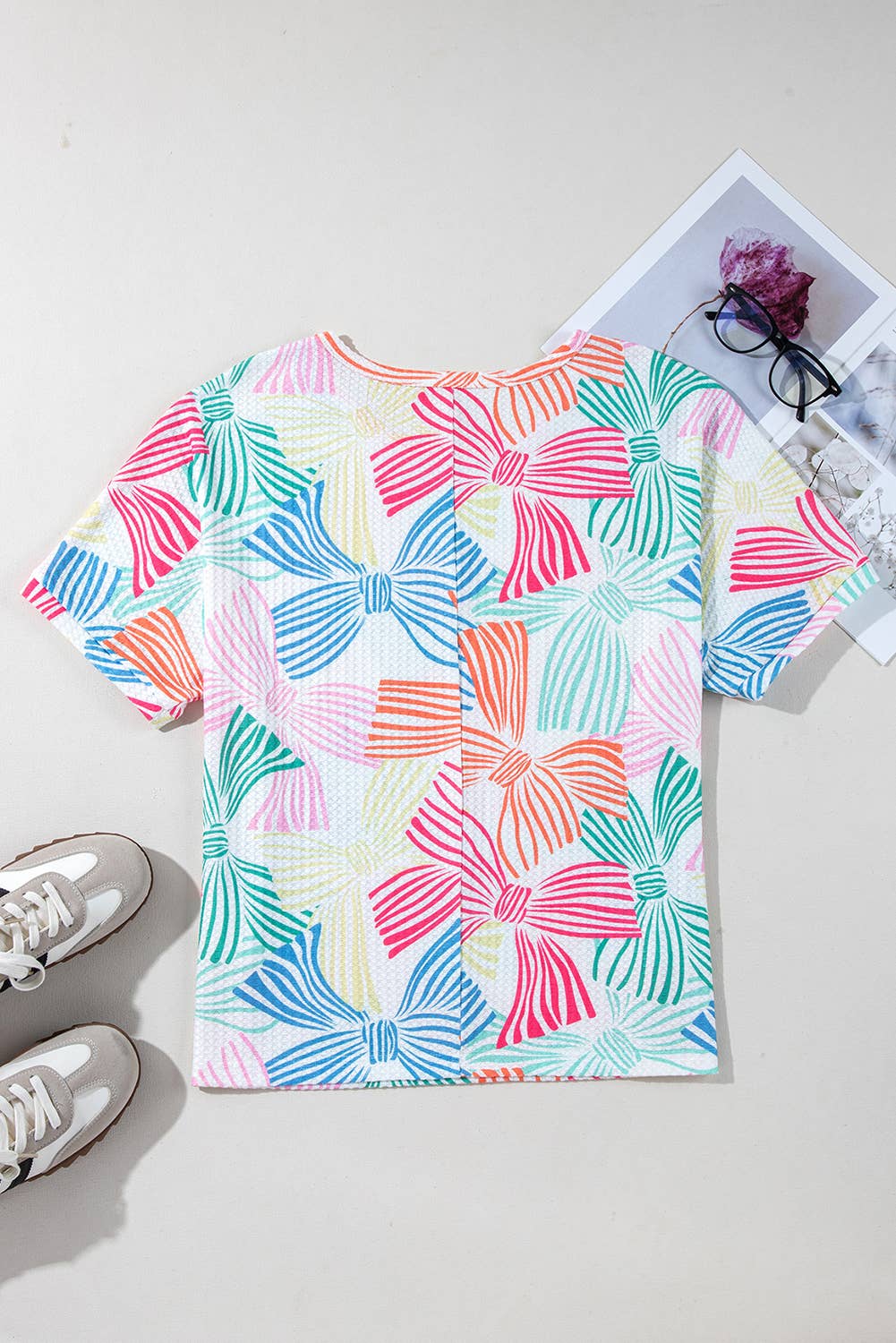 Bowknot Printed Waffle Crewneck Loose Short Sleeve Top