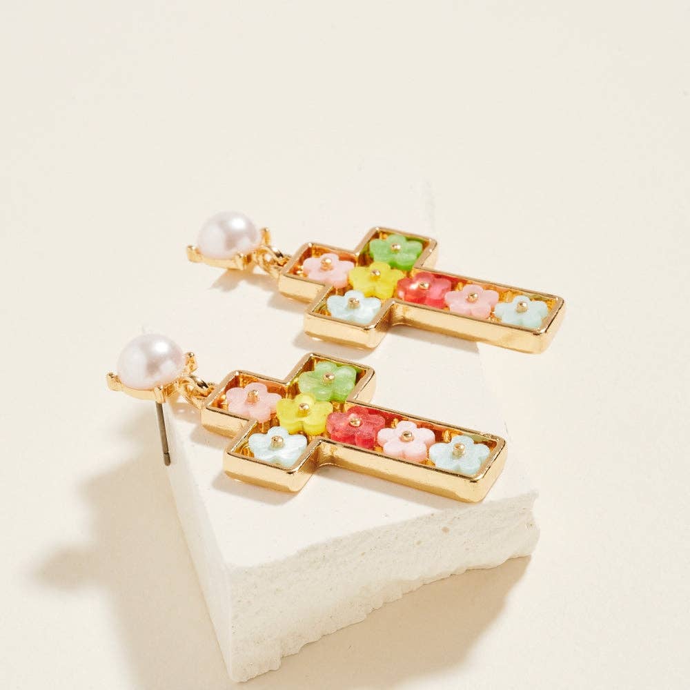 Cross Shaped Floral Filled Pearl Post Earrings