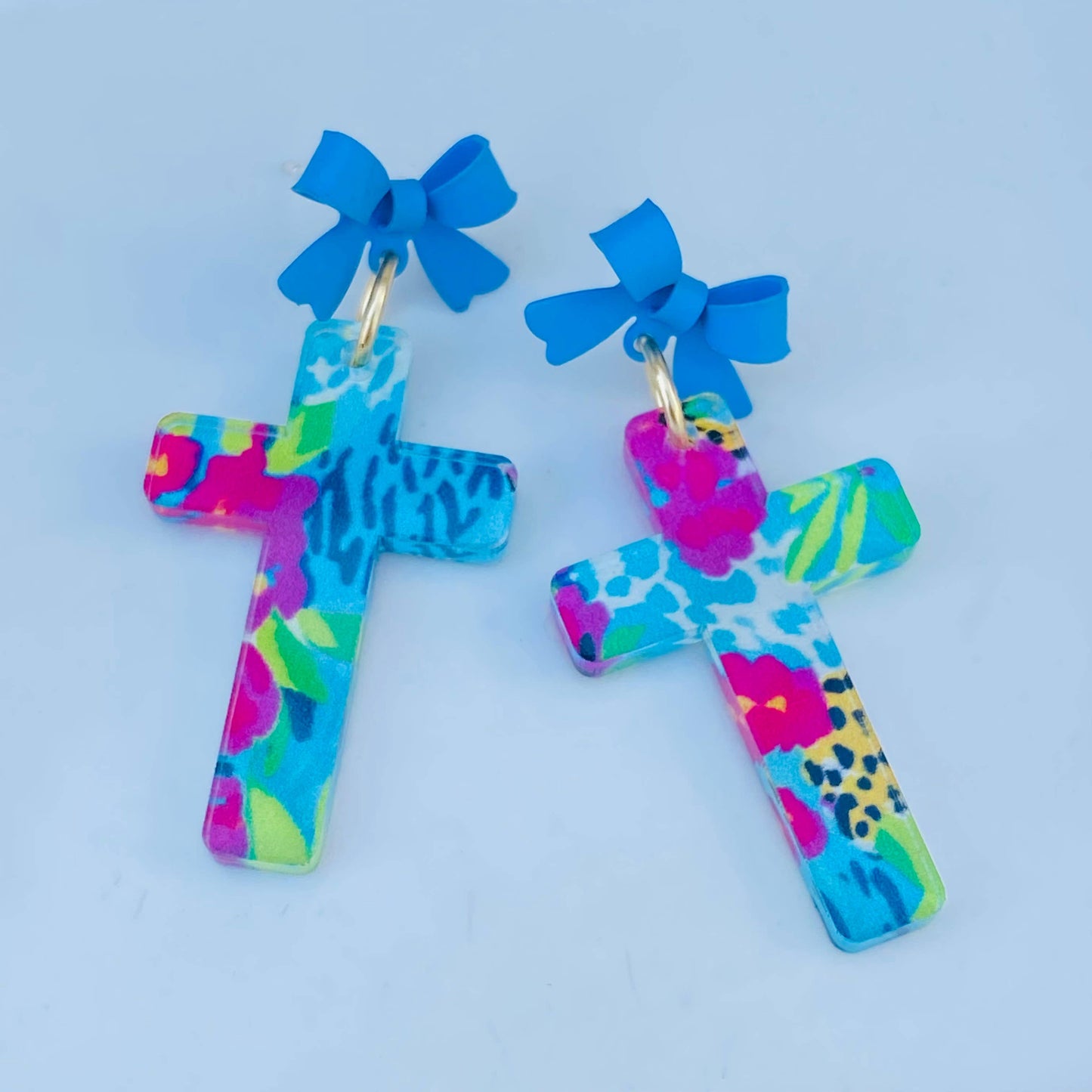Preppy Leopard Bow Cross Earrings