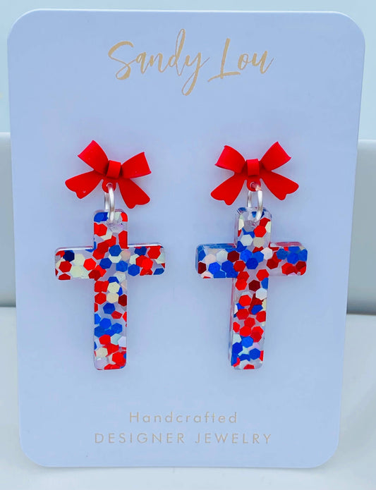 Patriotic Bow Cross Earrings