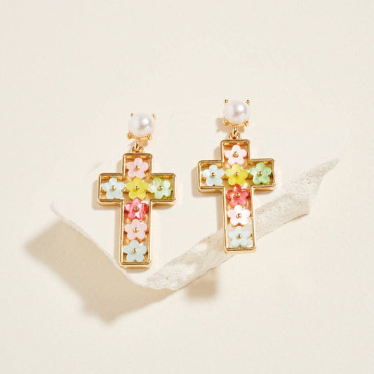 Cross Shaped Floral Filled Pearl Post Earrings