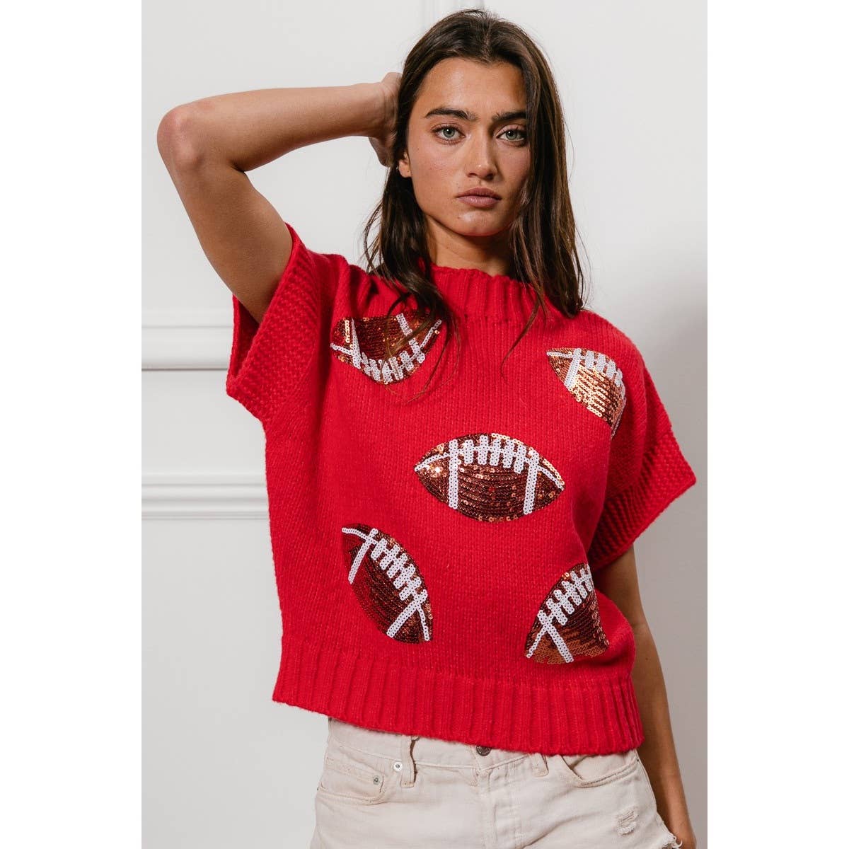 SEQUIN FOOTBALL PATCHES RIB BANDED SWEATER