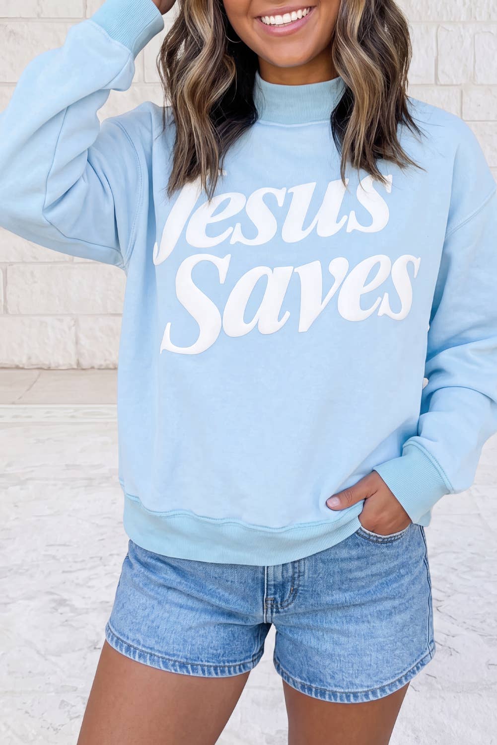 Jesus Saves Slogan Mock Neck Long Sleeve Sweatshirt