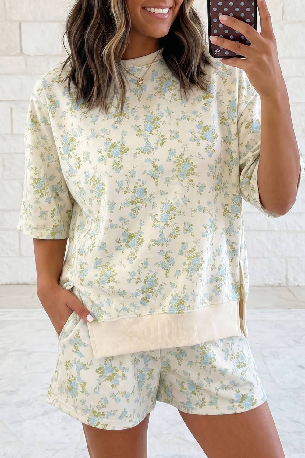Floral Oversize Sweat Tee Elastic Waist Pocket Short 2PC Set