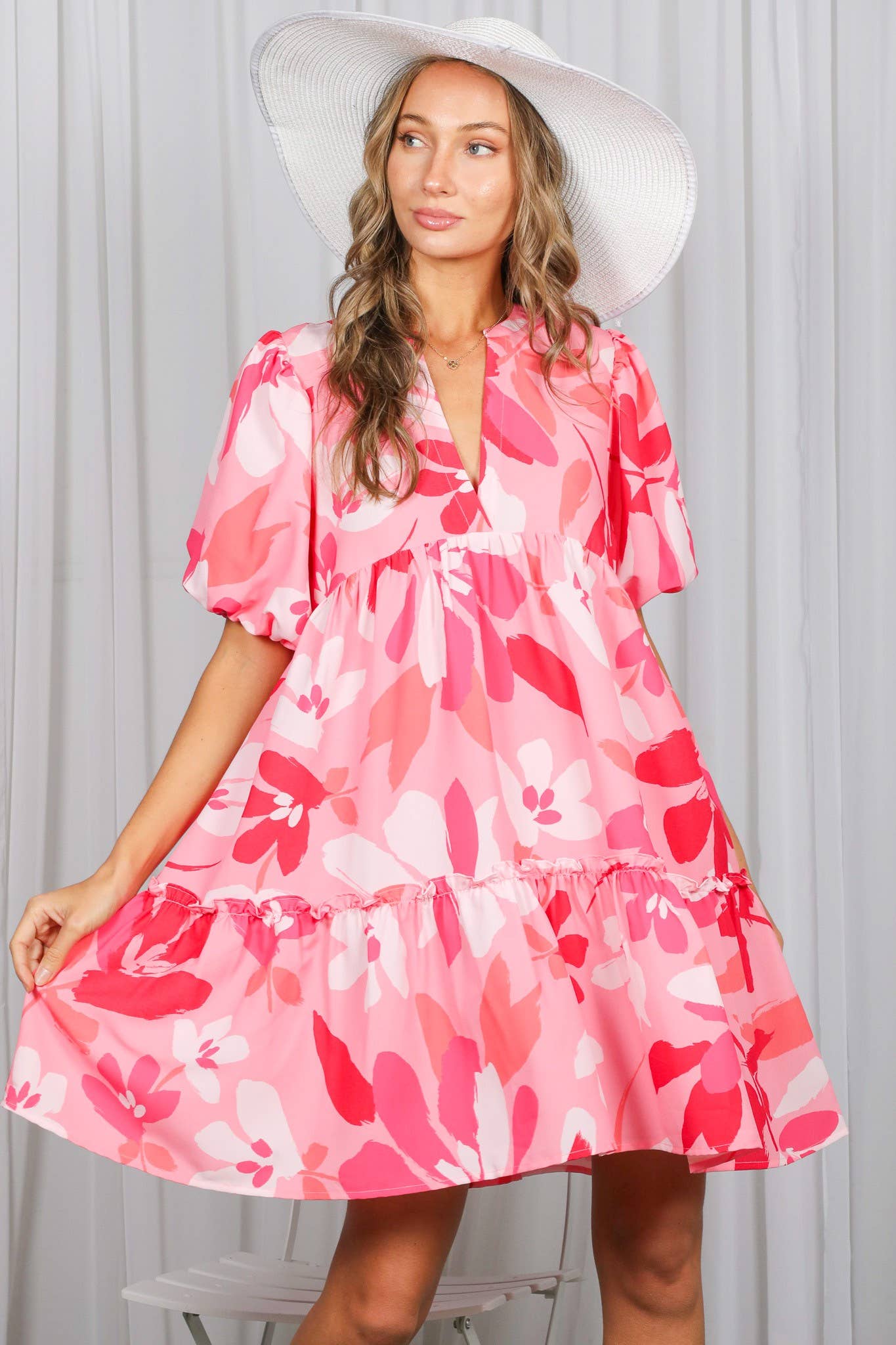 Floral Print V-Neck Tired Baby Doll Mini Dress VD82057M