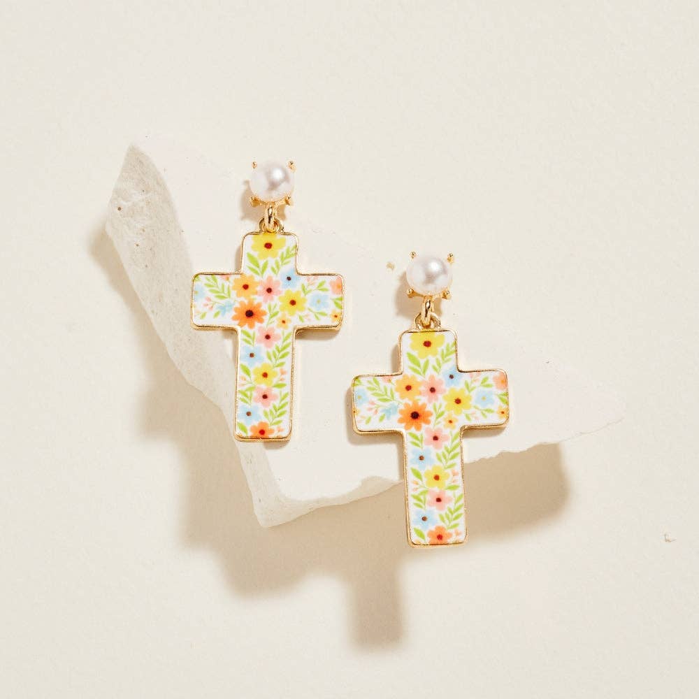 Easter Floral Pattern Cross Pearl Post Earrings