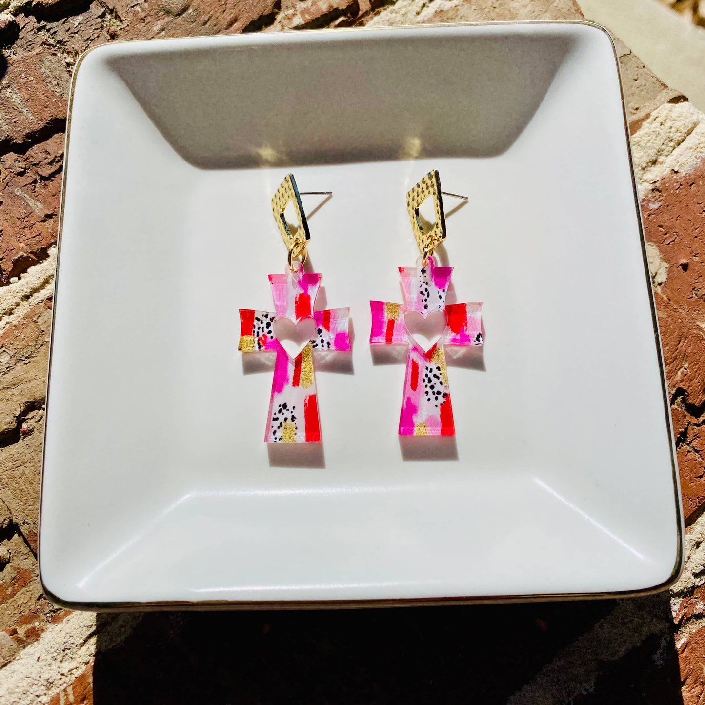 Crucifix Valentine Cross Acrylic Earrings- Dalmatian