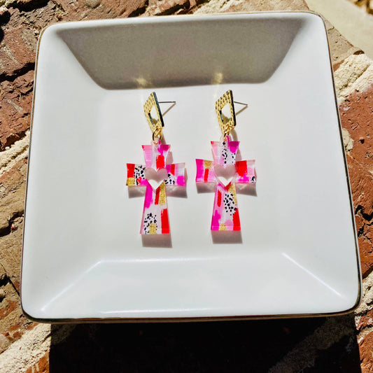 Crucifix Valentine Cross Acrylic Earrings- Dalmatian