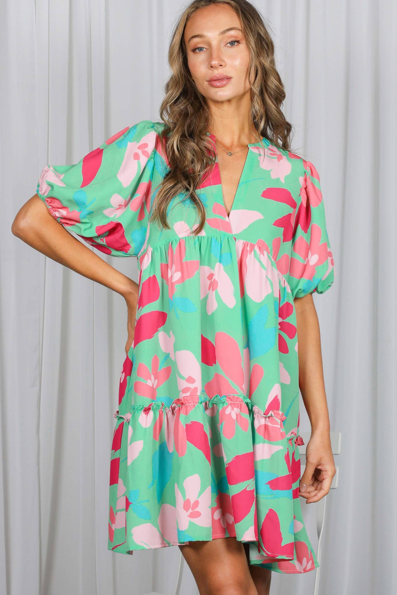 Floral Print V-Neck Tired Baby Doll Mini Dress VD82057M