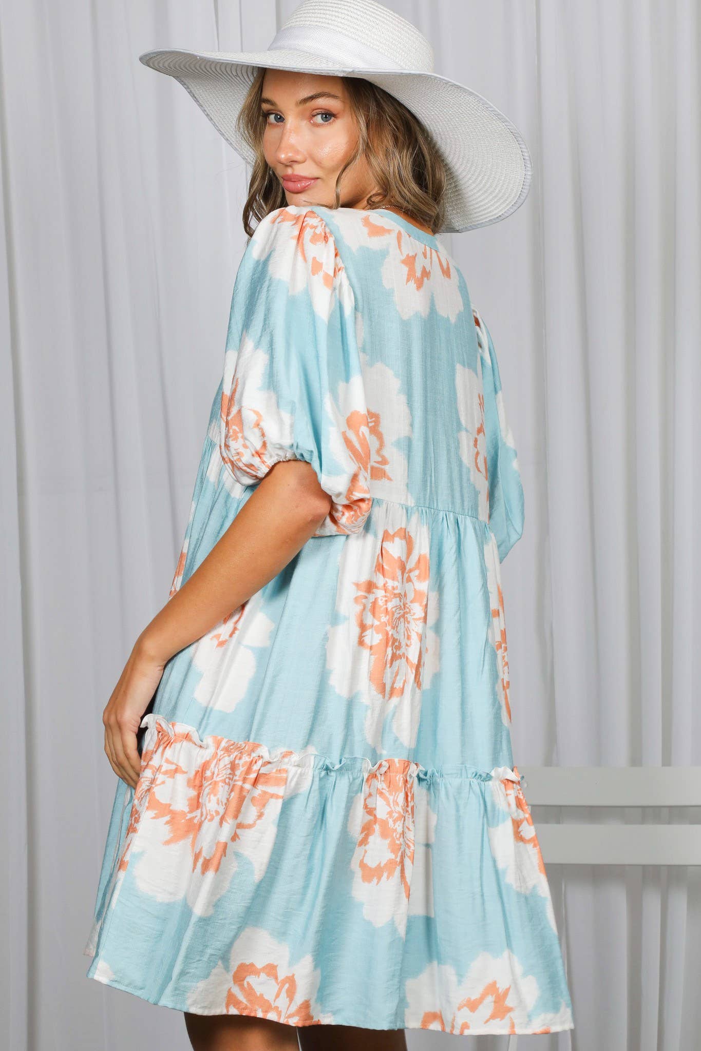 Floral Print V-Neck Tired Baby Doll Casual Dress VD82057P