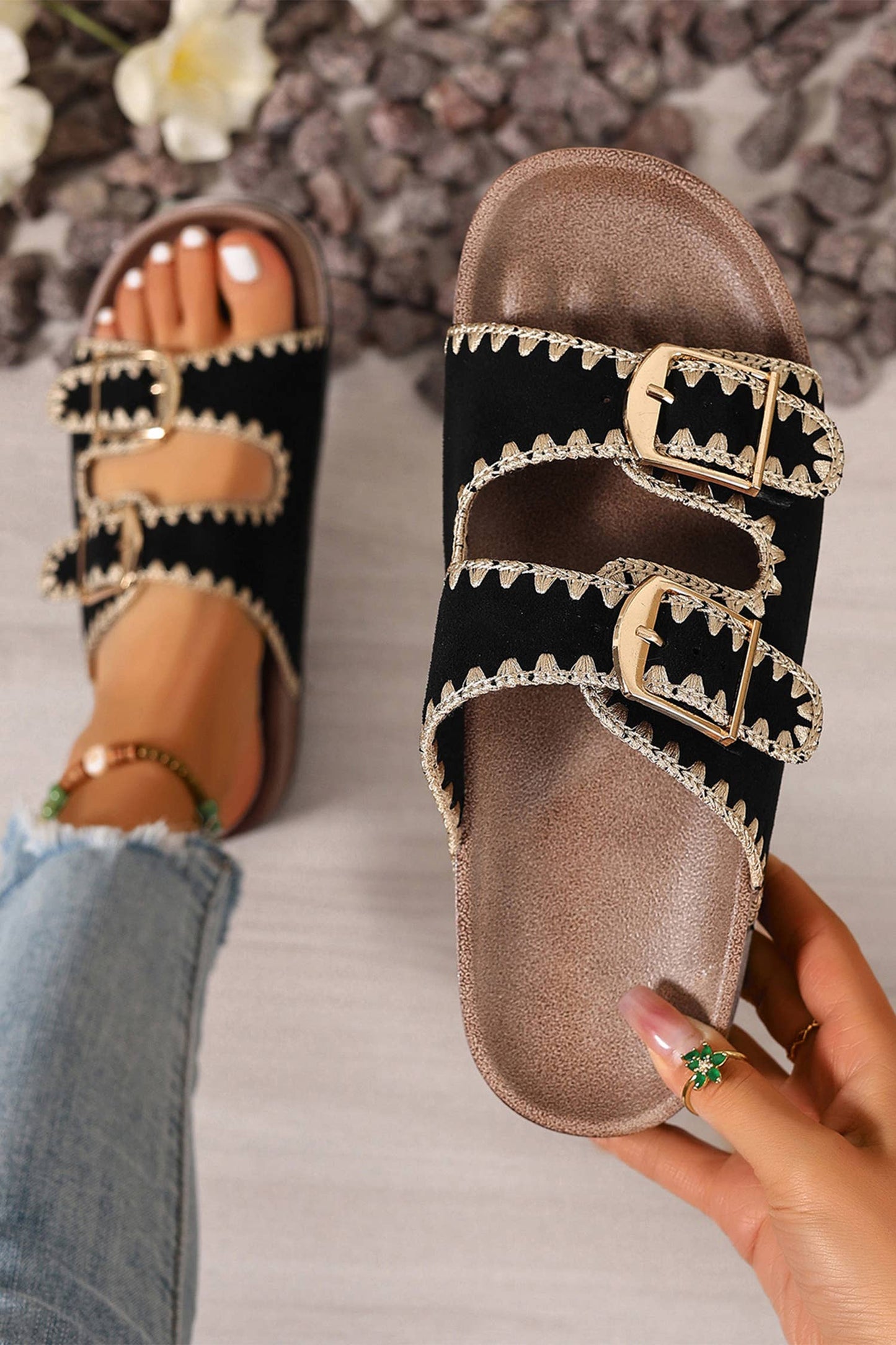 Embroidered Trim Retro Buckle Faux Suede Slippers
