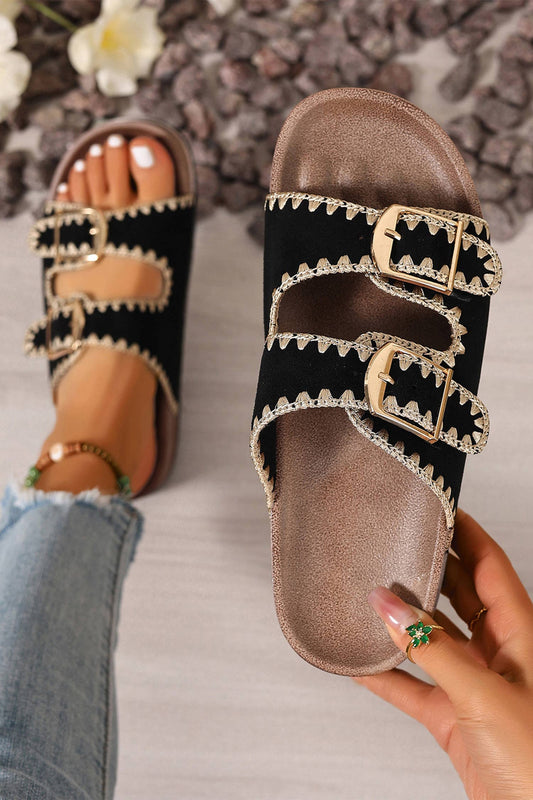 Embroidered Trim Retro Buckle Faux Suede Slippers
