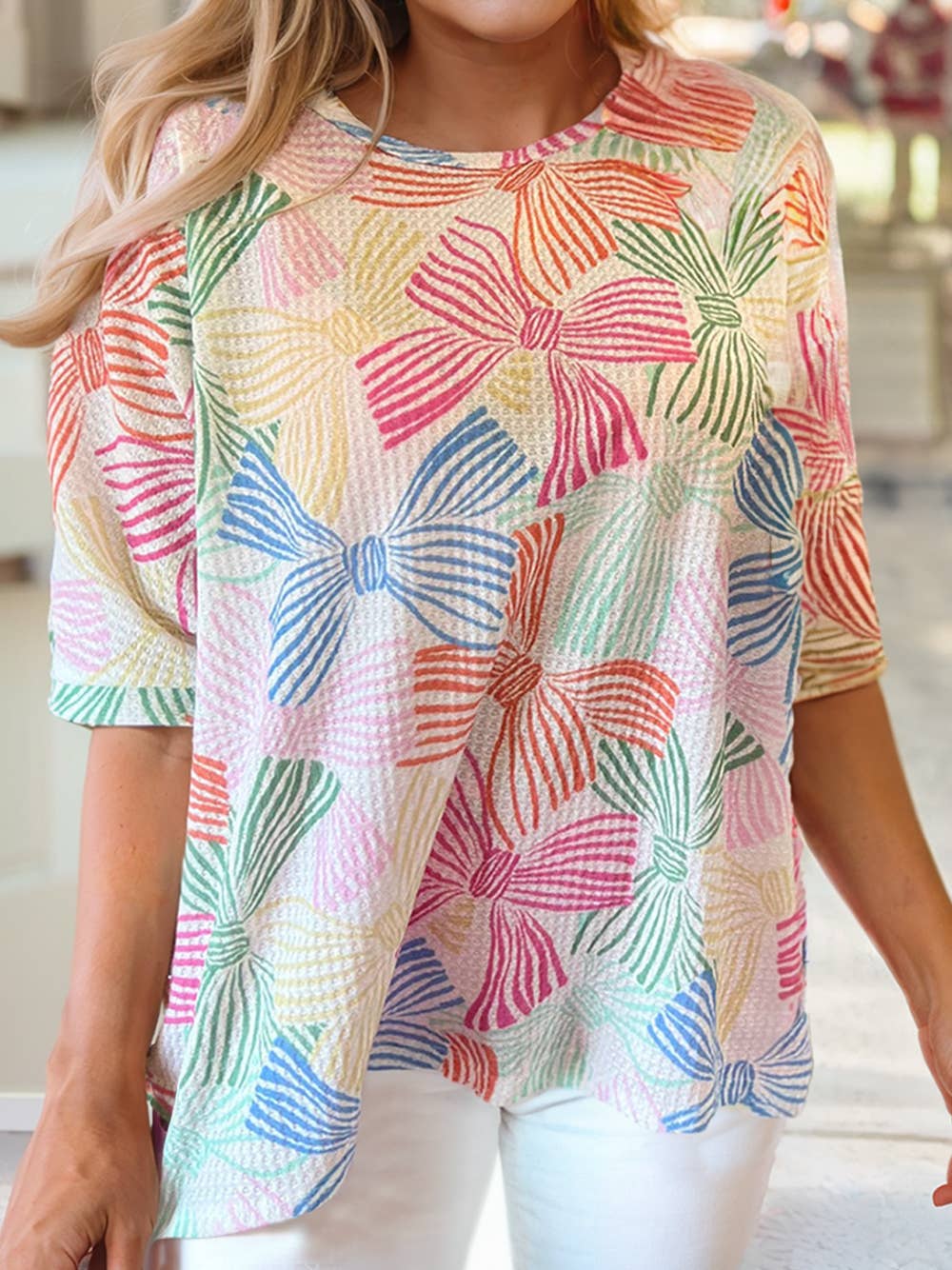Bowknot Printed Waffle Crewneck Loose Short Sleeve Top