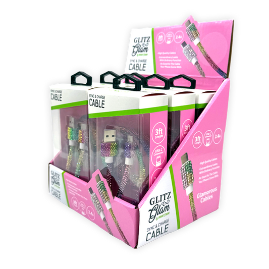 Glitz N Glam USB to USB-C 3FT Sync Charge Cable - 6/Display