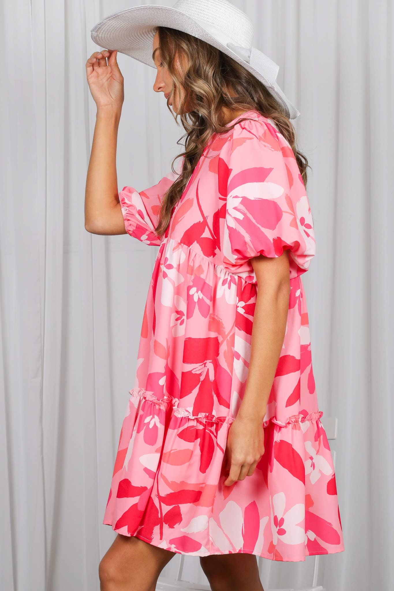 Floral Print V-Neck Tired Baby Doll Mini Dress VD82057M