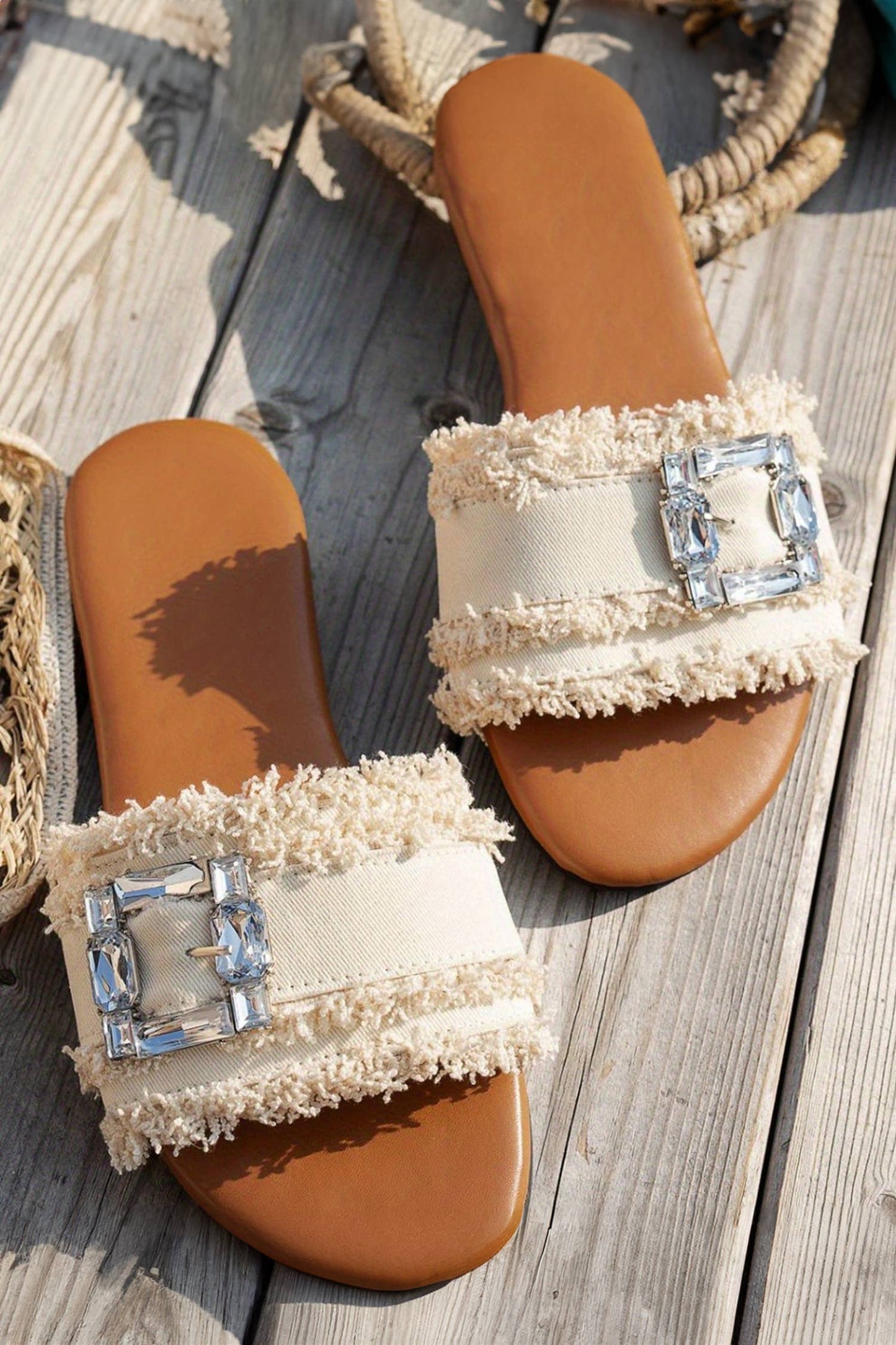 Spring Frayed Crystal Buckle Slide Sandals Women's Shoes
