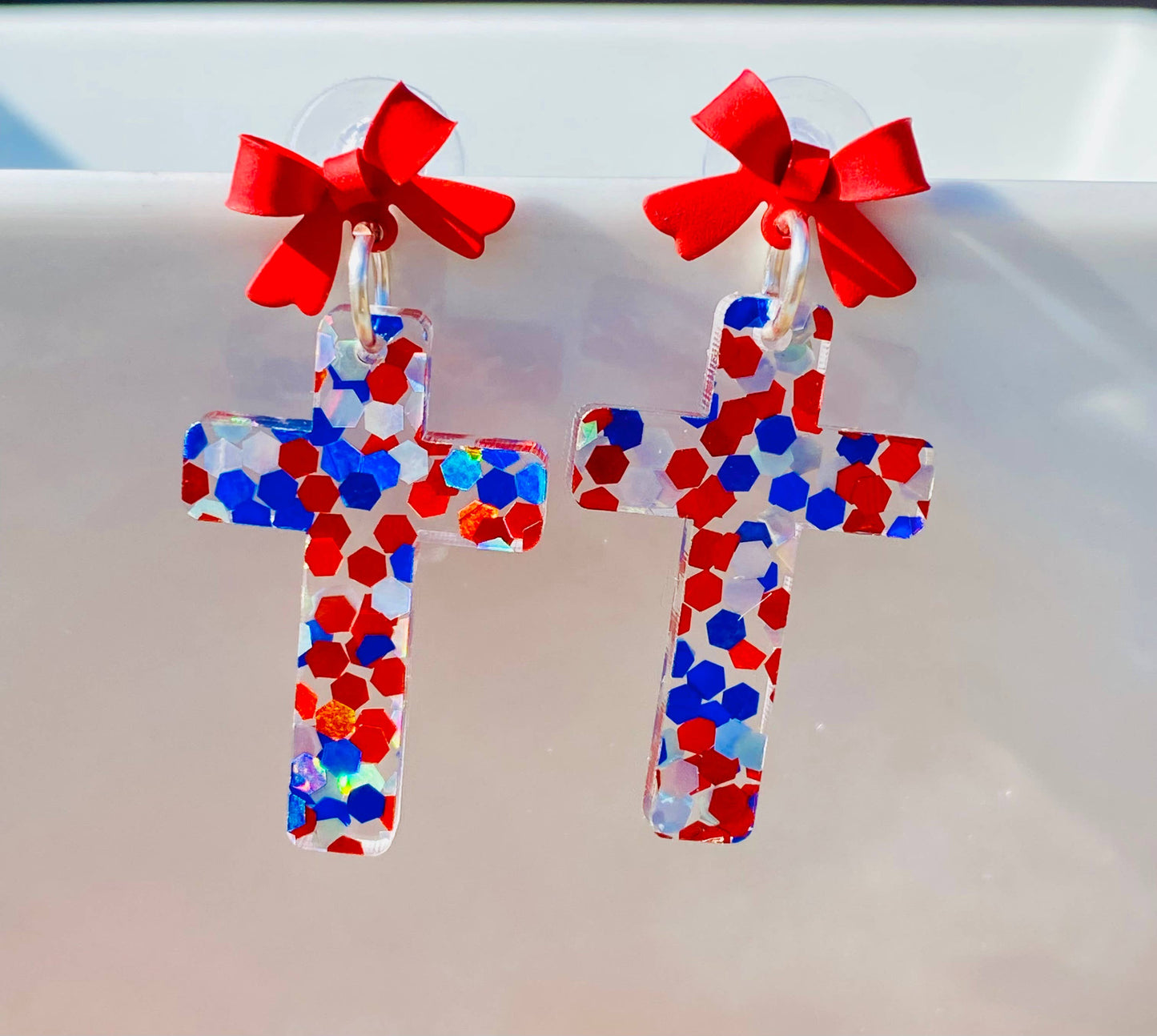 Patriotic Bow Cross Earrings