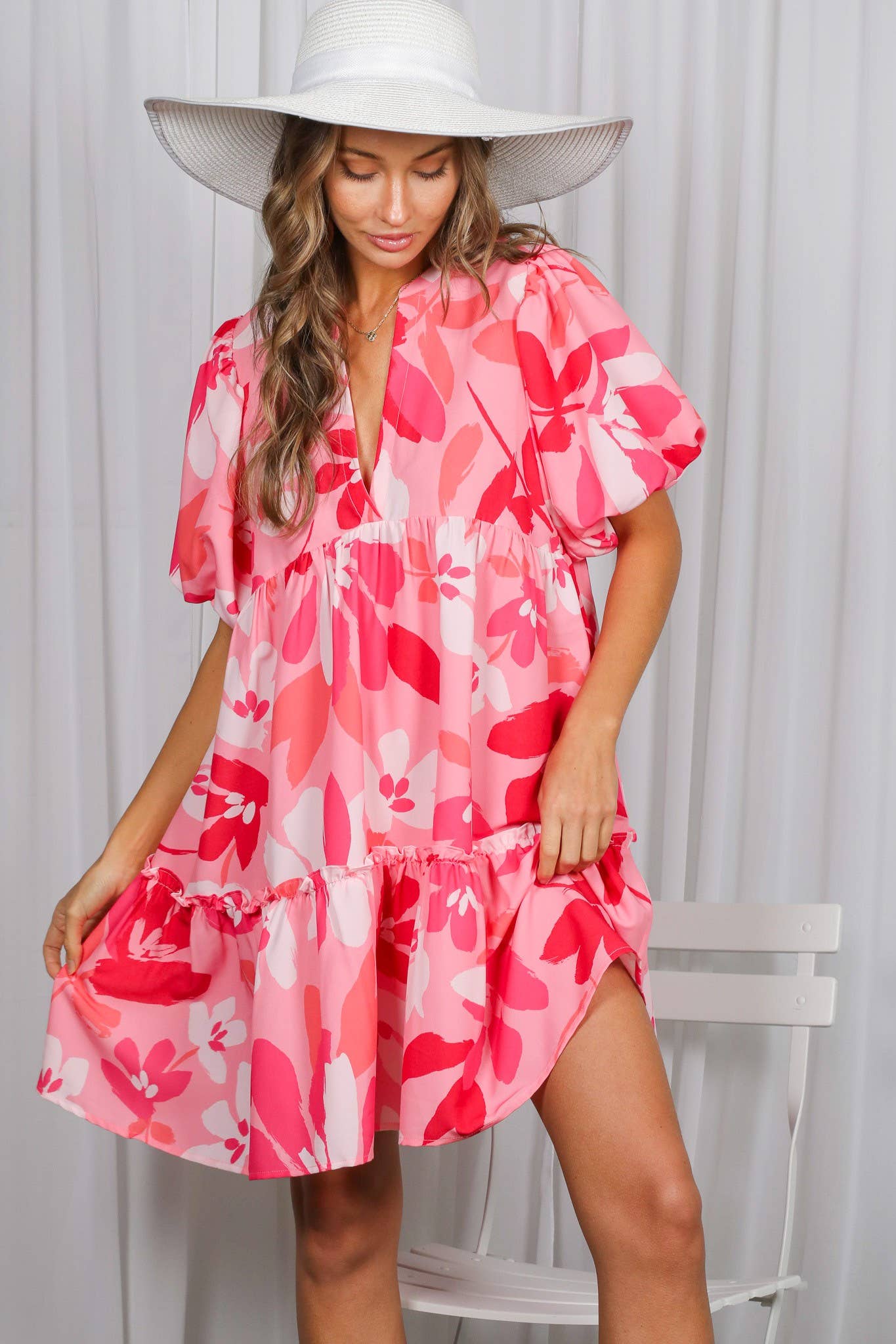 Floral Print V-Neck Tired Baby Doll Mini Dress VD82057M