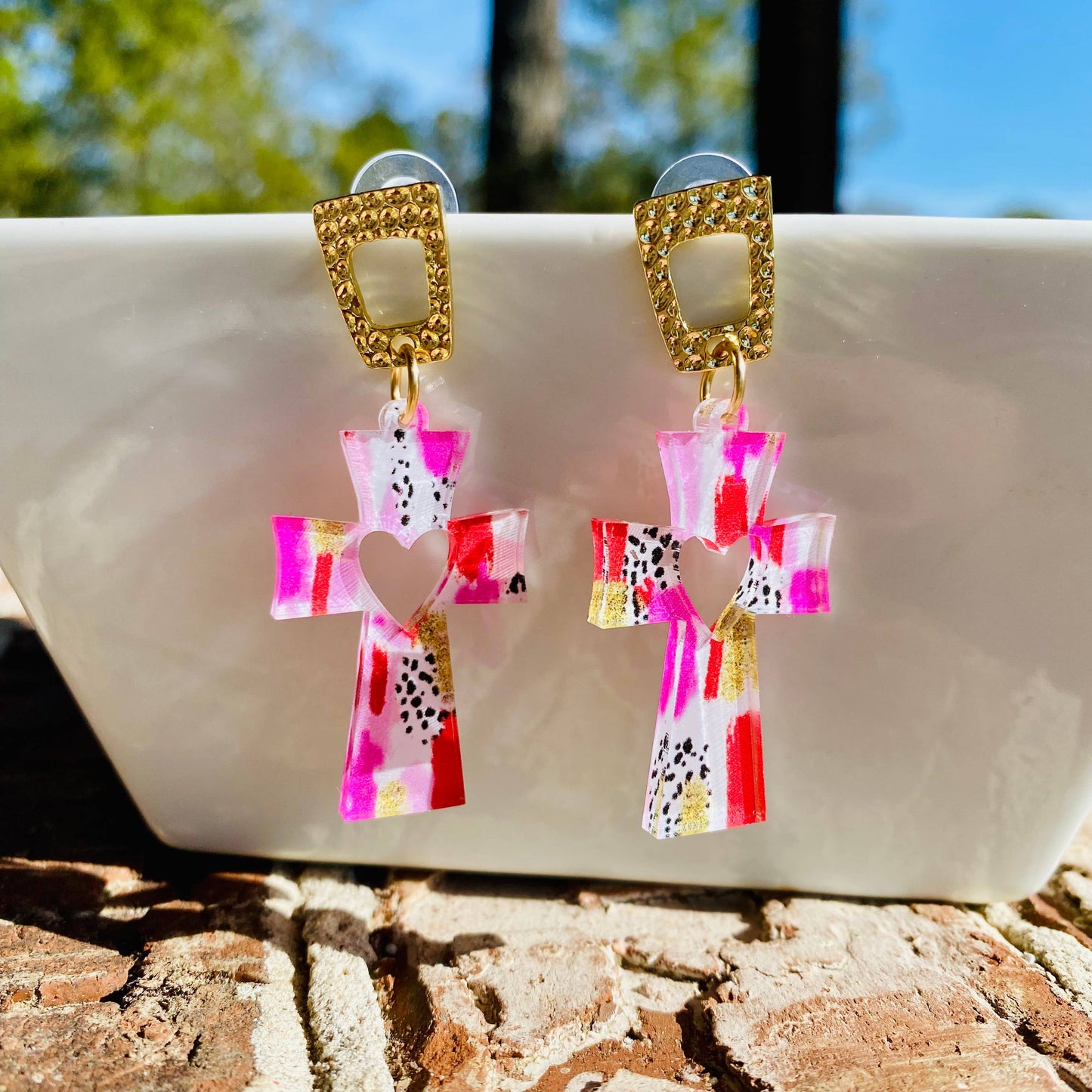 Crucifix Valentine Cross Acrylic Earrings- Dalmatian