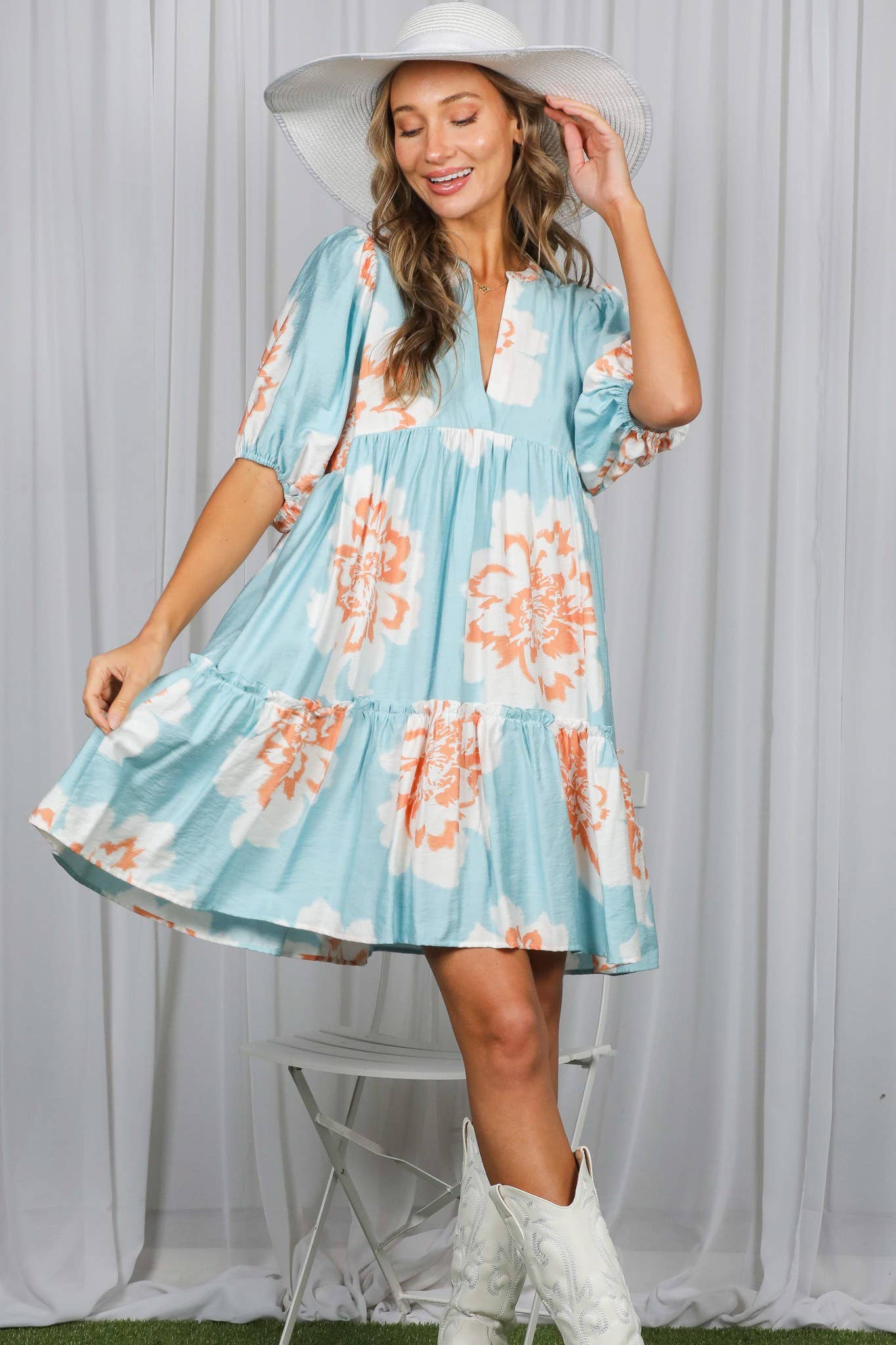 Floral Print V-Neck Tired Baby Doll Casual Dress VD82057P