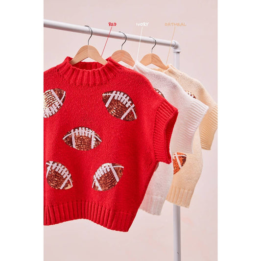 SEQUIN FOOTBALL PATCHES RIB BANDED SWEATER