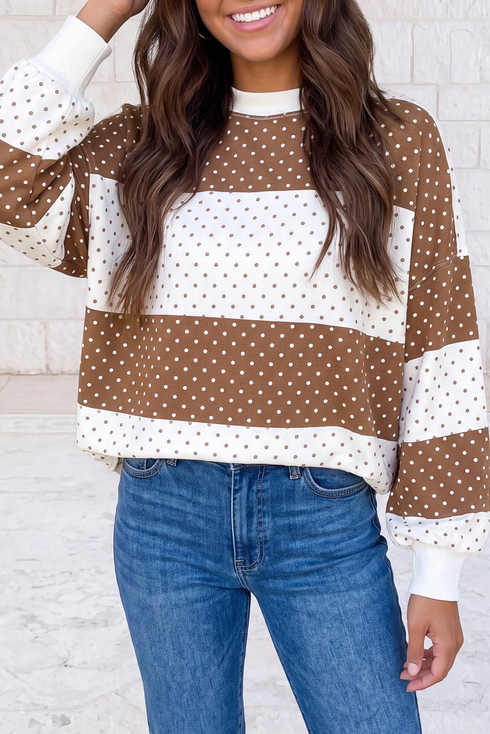 Polka Dot Patchwork Colorblock Long Sleeve Top