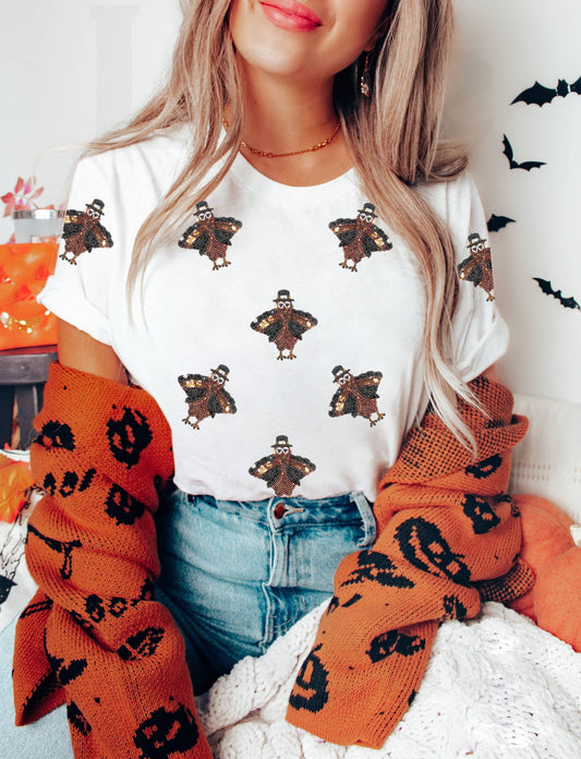 Sequined Turkey Patched Crewneck Thanksgiving T Shirt