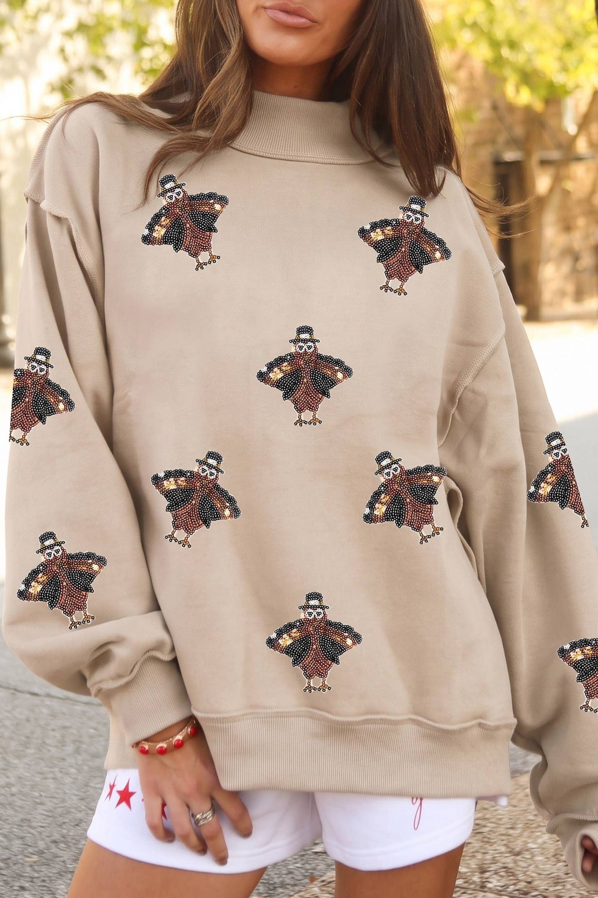 Turkey Sequined Mock Neck Exposed Seam Pullover Sweatshirt