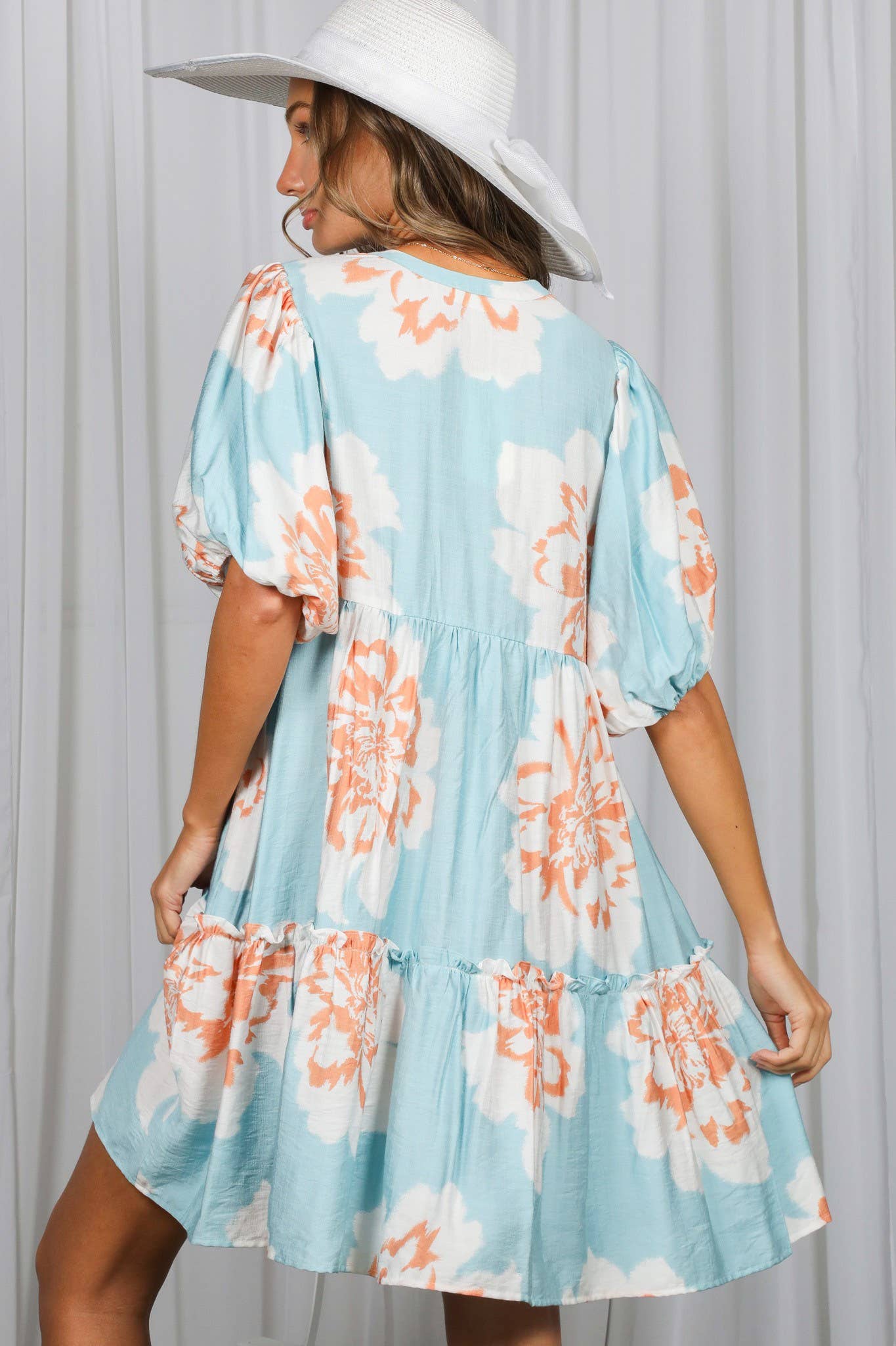 Floral Print V-Neck Tired Baby Doll Casual Dress VD82057P