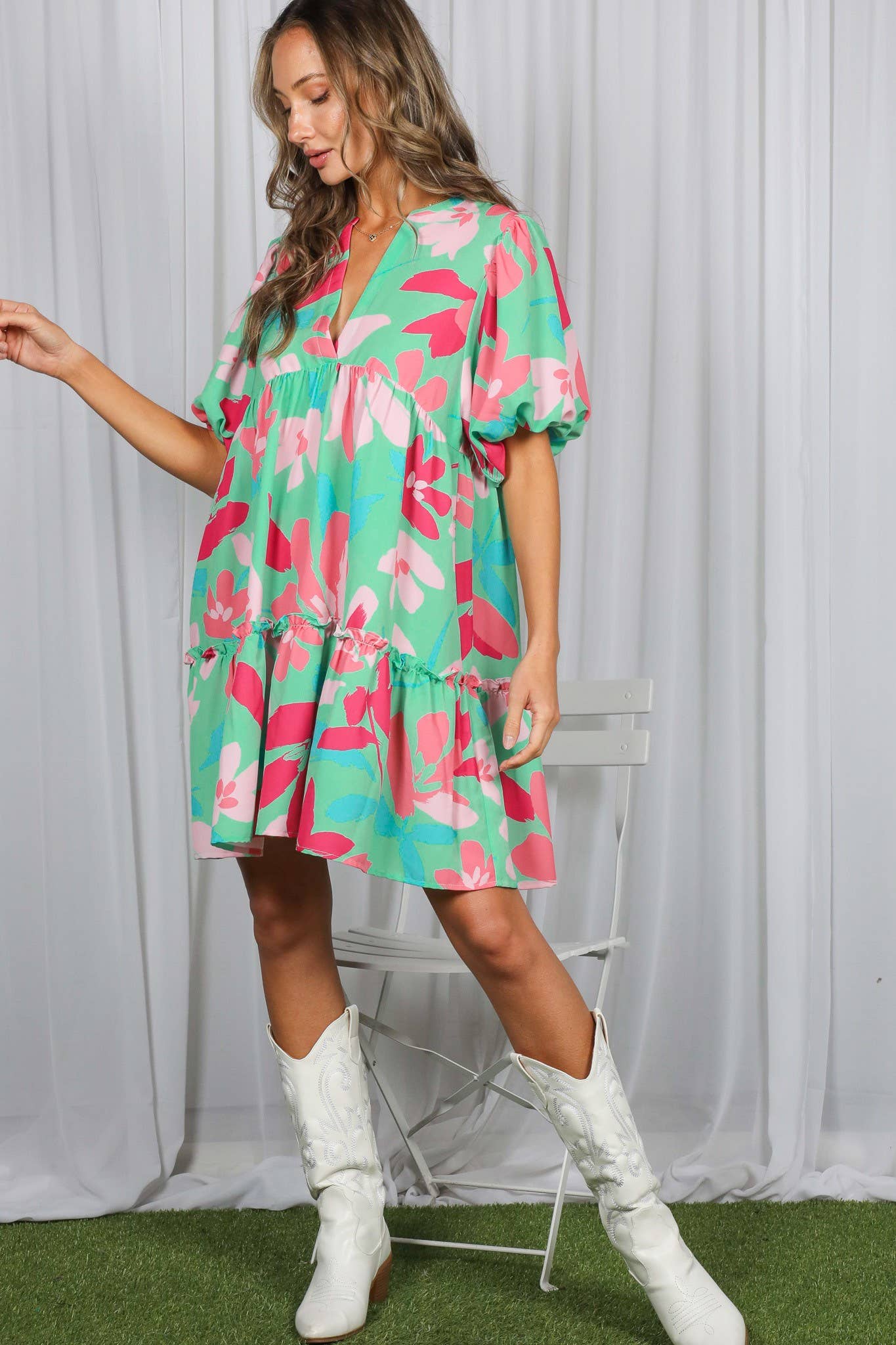 Floral Print V-Neck Tired Baby Doll Mini Dress VD82057M