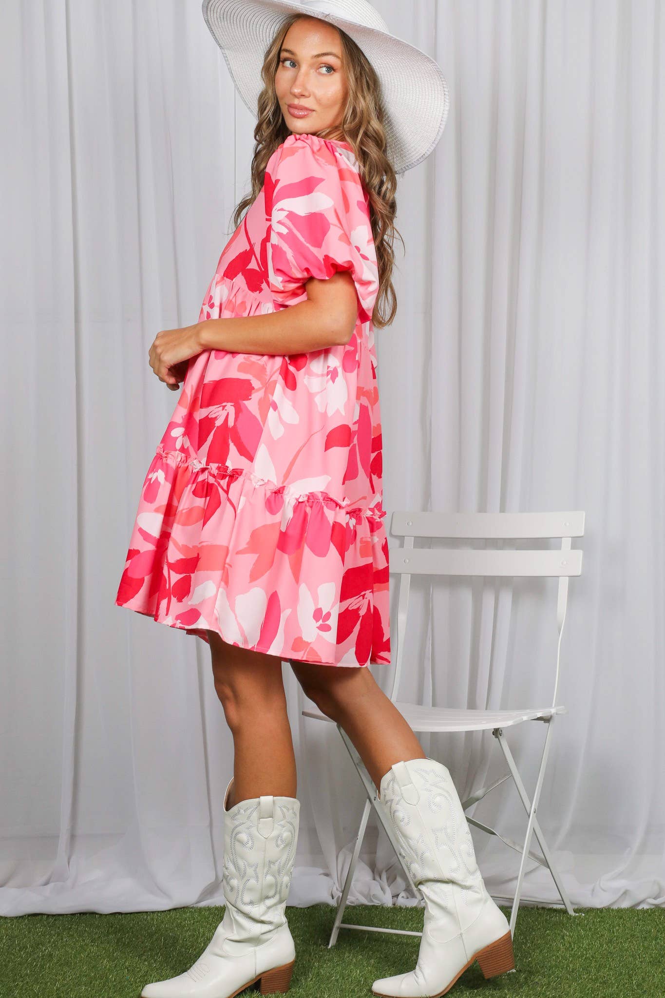 Floral Print V-Neck Tired Baby Doll Mini Dress VD82057M