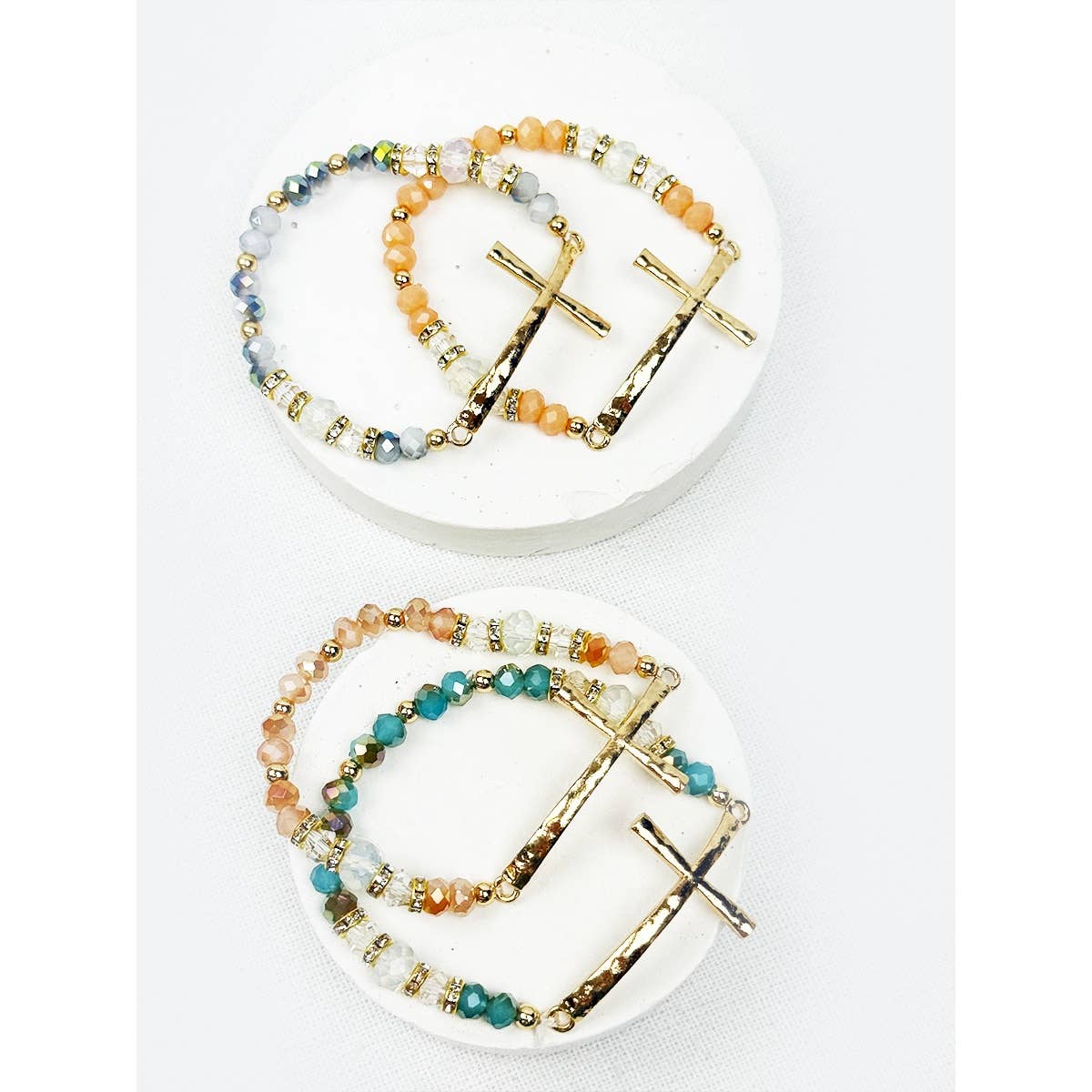 Hammered Cross Bead Stretch Bracelet