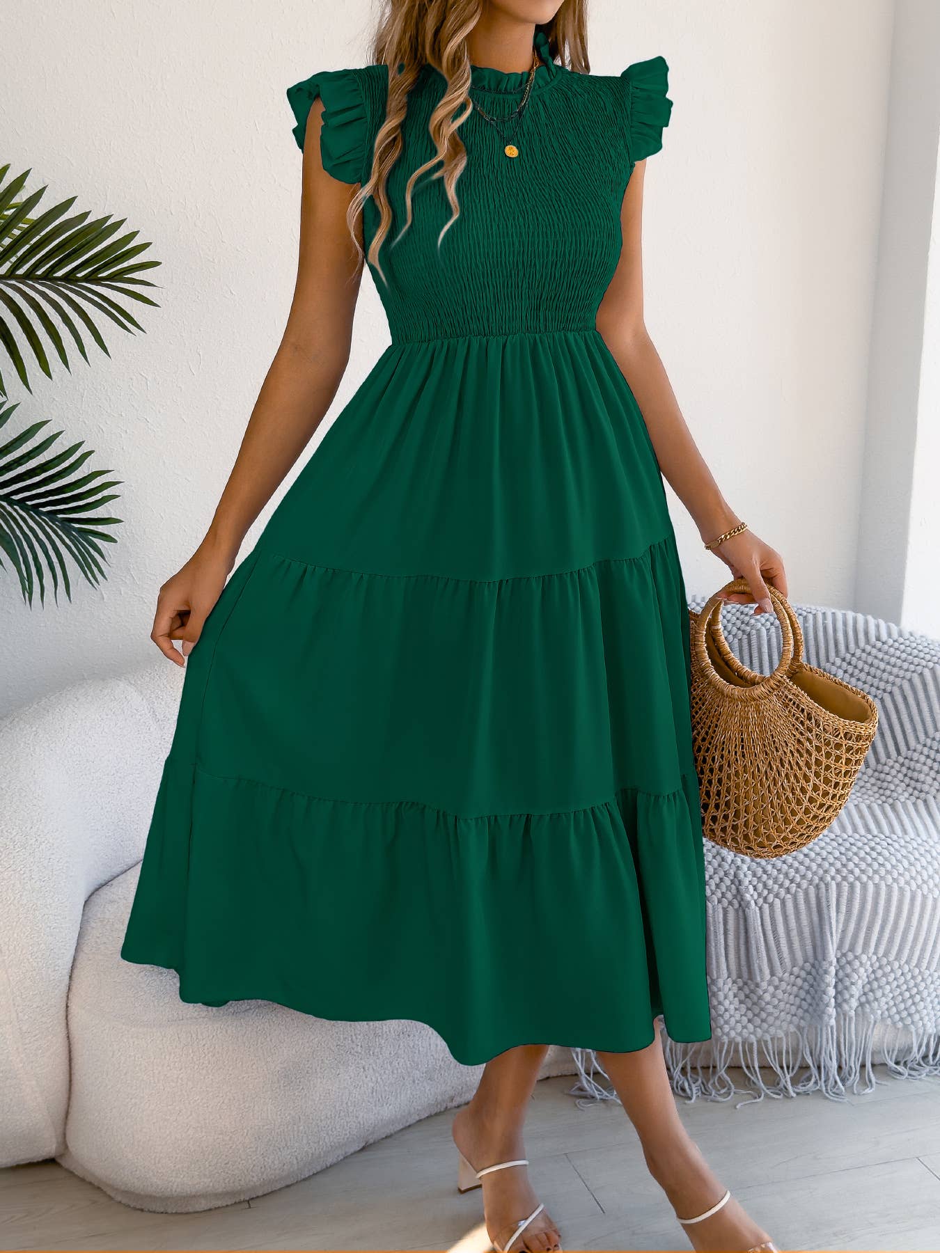 Smocked Ruffle Sleeve Tiered Midi Dress