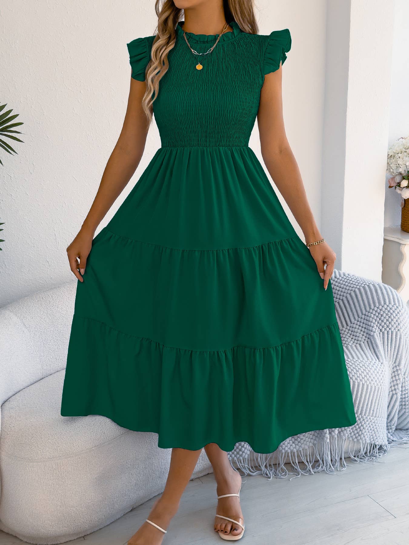 Smocked Ruffle Sleeve Tiered Midi Dress
