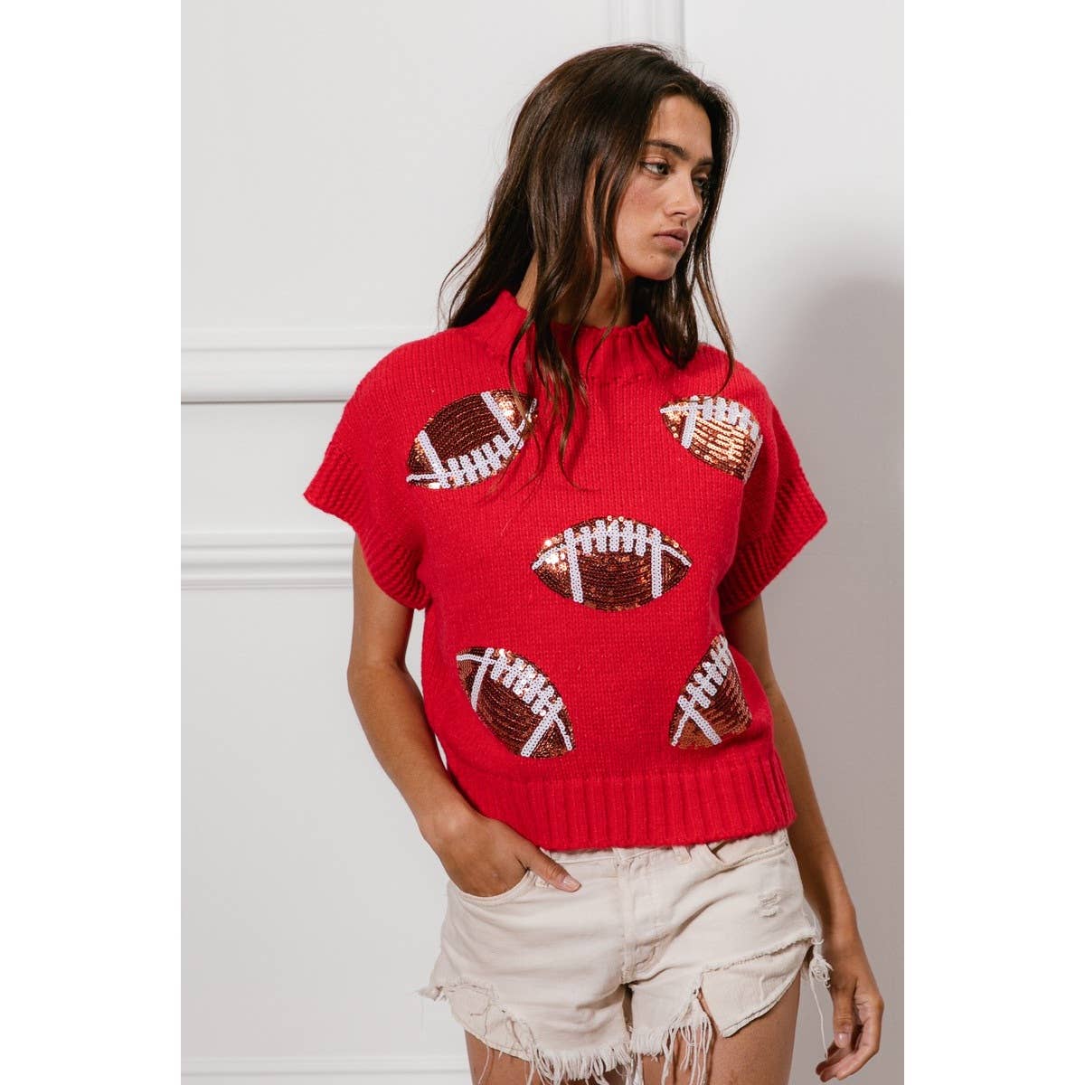 SEQUIN FOOTBALL PATCHES RIB BANDED SWEATER